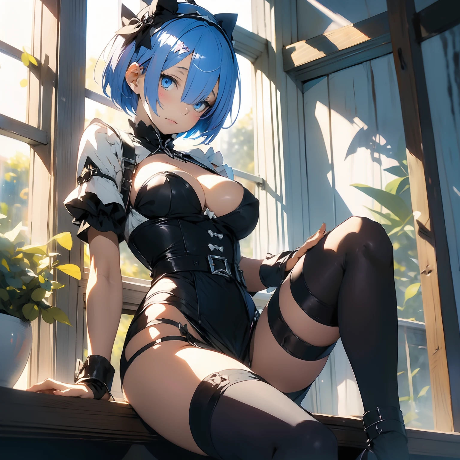 (masterpiece, best quality ) rem from rezero, blue short hair, maid costume, blue eyes, sitting on a window sill with a black bra and cuffs, wrapped in leather straps, leather cuffs around wrists, restrained, harnesses and garters, handcuffed, handcuffs,  dominant pose, sexy dominant pose,
