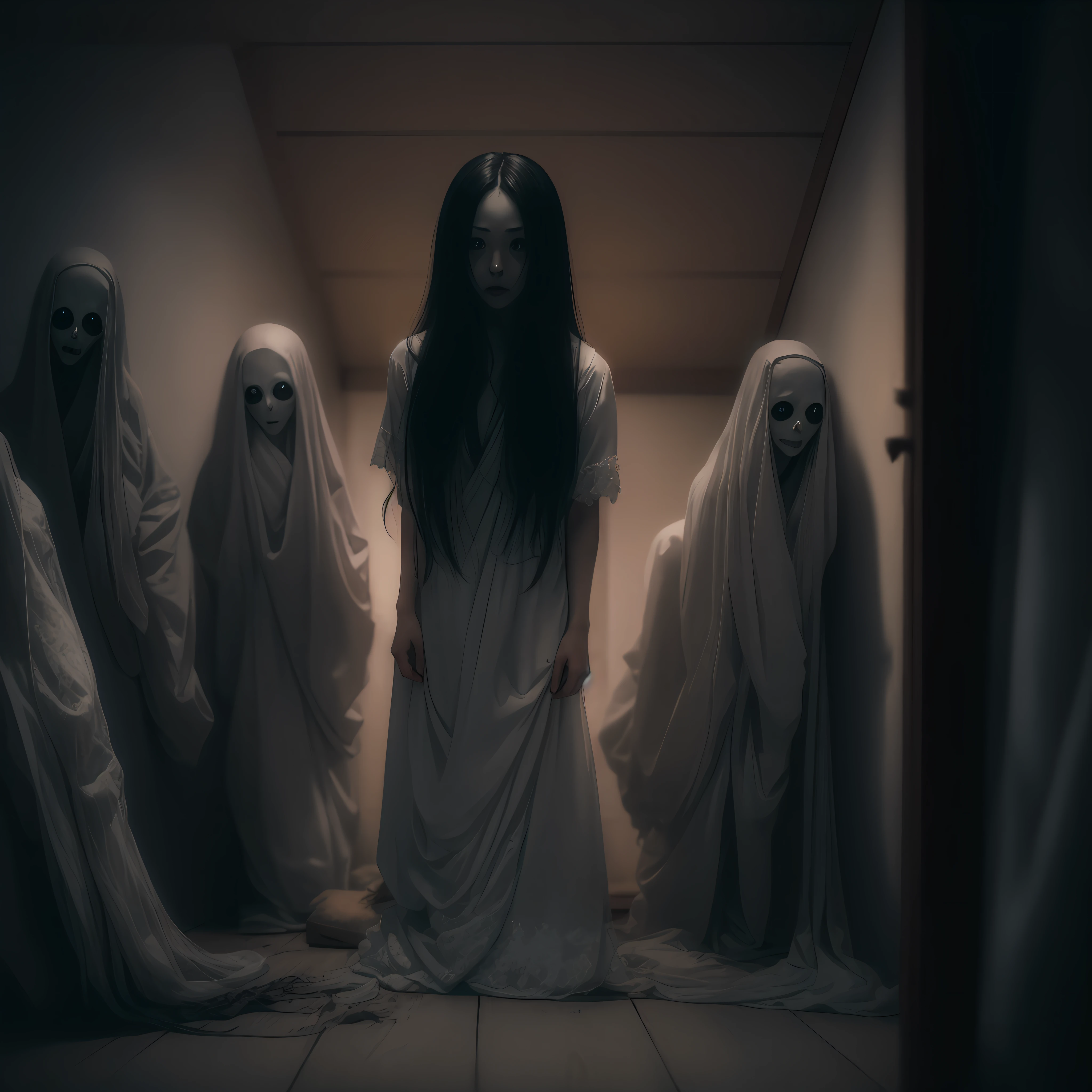Ju-on the grudge, Kayako, age 30, milf, mature woman,yurei, crawling on the floor of a dimly lit attic:1.4, (faceless:1.4), with ghostly figures lurking in the shadows and eerie portraits that seem to watch her every move.