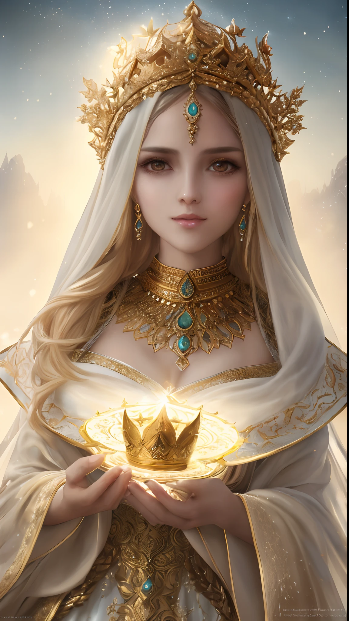 Soft and dreamy 8mm lens portrait of an Arabic dev brama of a universe adorned with a natural crown of gold and leaves and masses, ethereal dress. Soft snow sky. Using 8K High Definition. Art styles Greg Rutkowski , Android Jones , Tamsyn. Intricate dynamic lighting, elegant and highly detailed ultra-realistic, cinematic and octane rendering