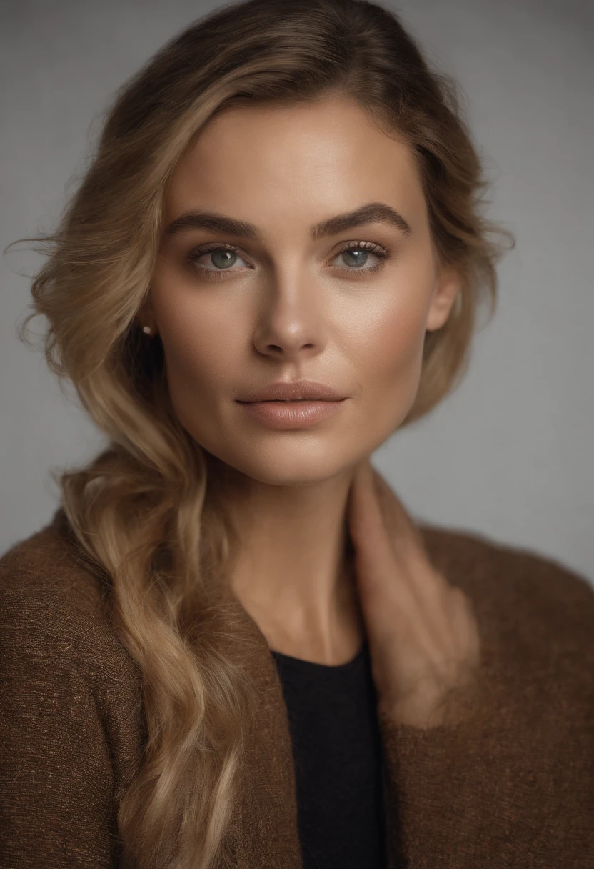 Vue lointaine, Hyper-realistic style, photographe , realistic lighting, maquillage brillant, une femme par image, buste de femme visible en entier, sur Femme 30 ans, seul, serious with a small smile, Blonde, type Margot Robbie/Scarlett Johansson, long cou, chic, luxe,