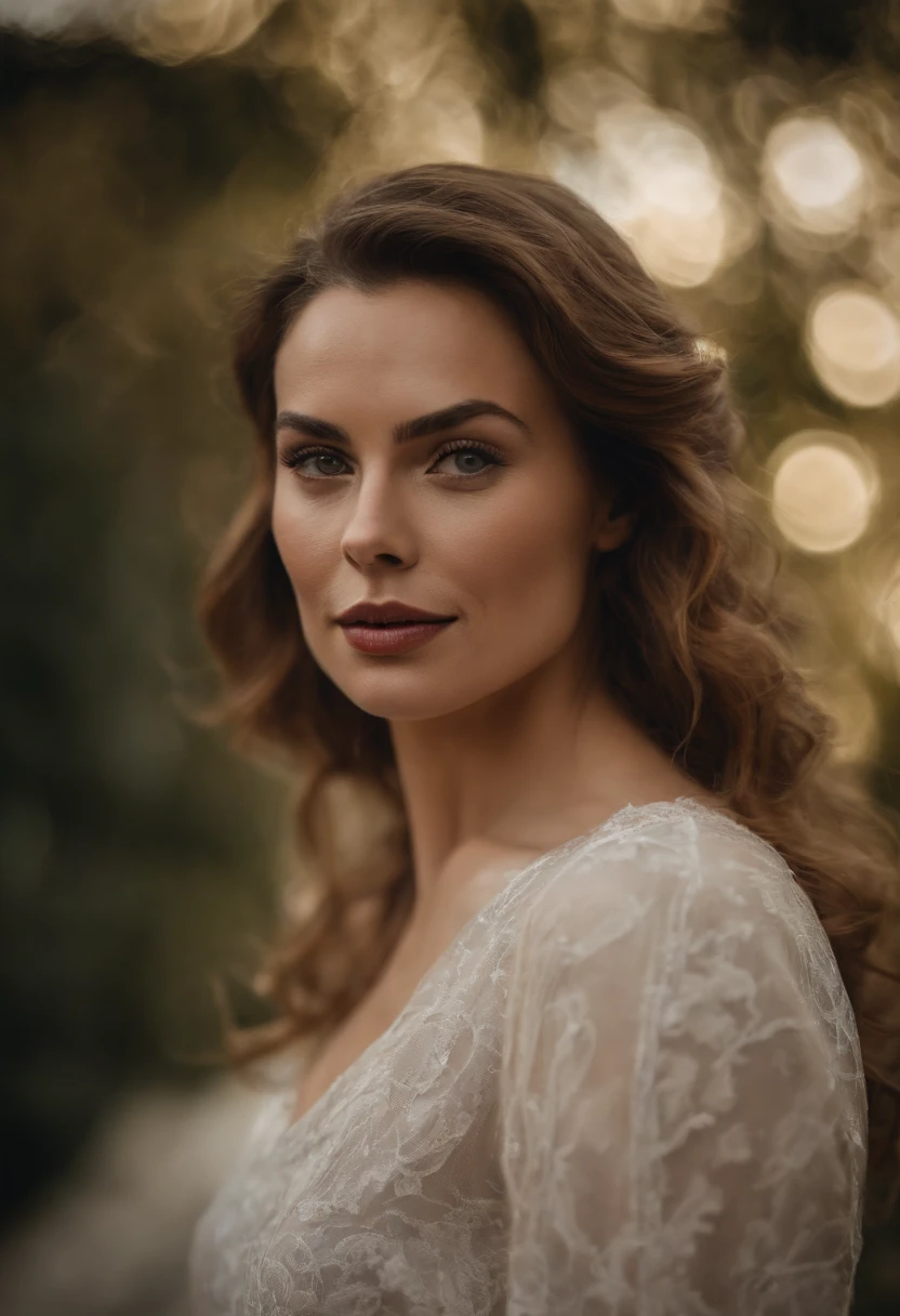 Vue lointaine, Hyper-realistic style, photographe , realistic lighting, maquillage brillant, une femme par image, buste de femme visible en entier, sur Femme 30 ans, seul, serious with a small smile, Blonde, type Margot Robbie/Scarlett Johansson, long cou, chic, luxe,