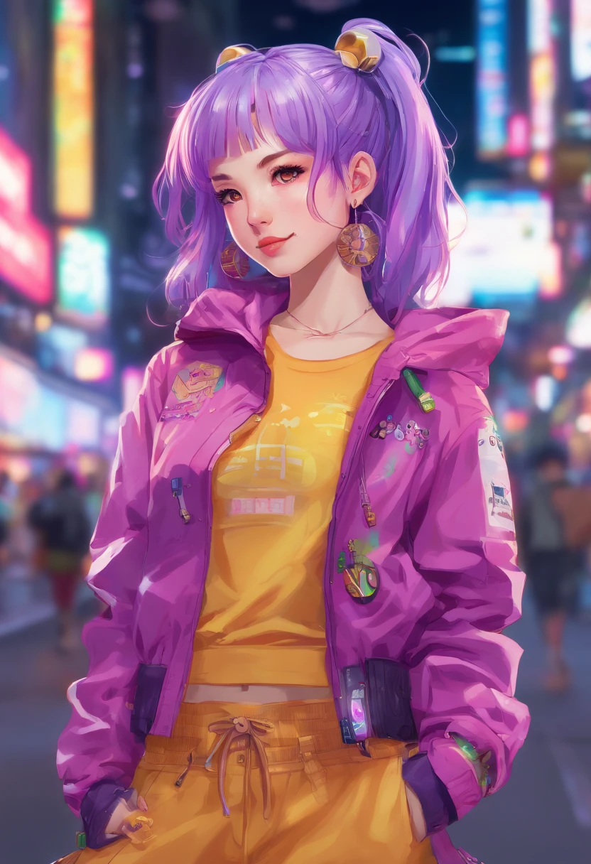 japanaese girl,pale skin,beatiful face(purple hair)red jacket,Tokyo at night, with Cyberpunk style,Japanese streetwear,Tokyo Fashion,In a Cyberpunk 2 jacket 0 7 7,Full-length,attractive pose,Bottom view