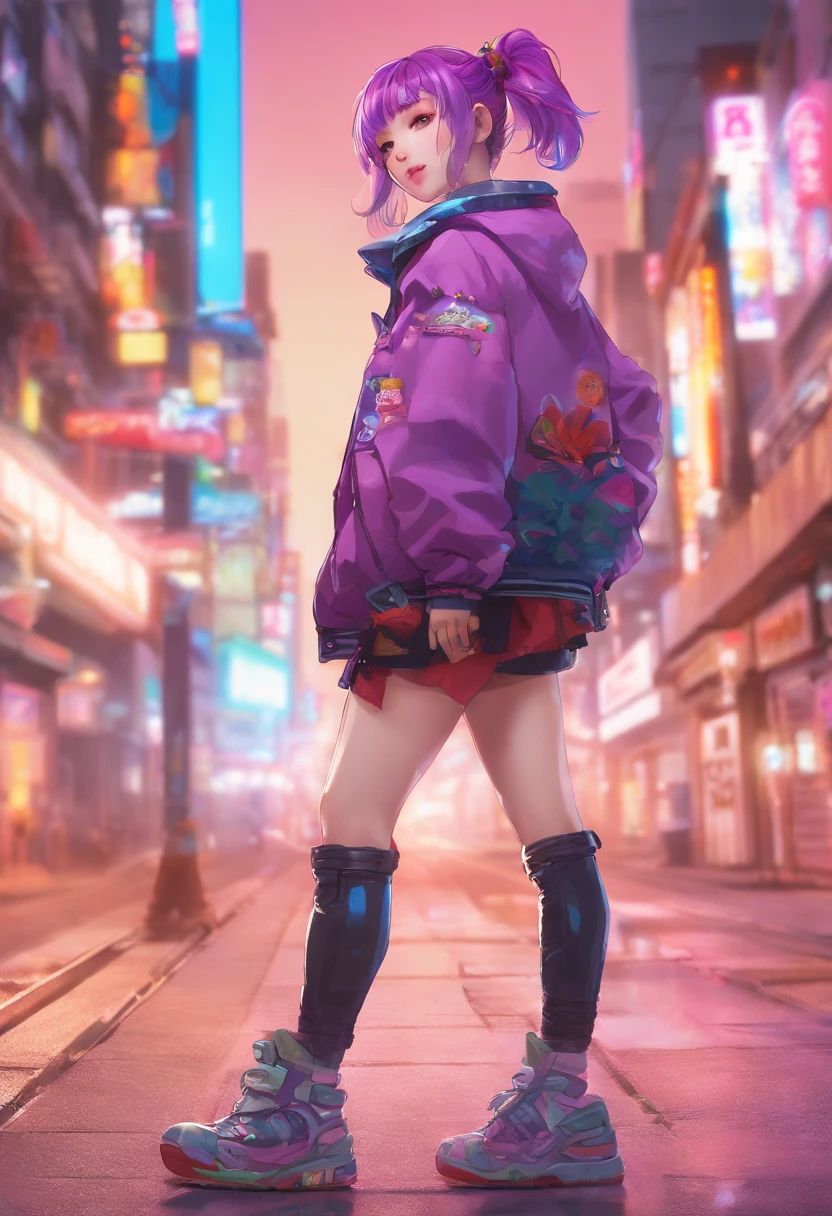 japanaese girl,pale skin,beatiful face(purple hair)red jacket,Tokyo at night, with Cyberpunk style,Japanese streetwear,Tokyo Fashion,In a Cyberpunk 2 jacket 0 7 7,Full-length,attractive pose,Bottom view