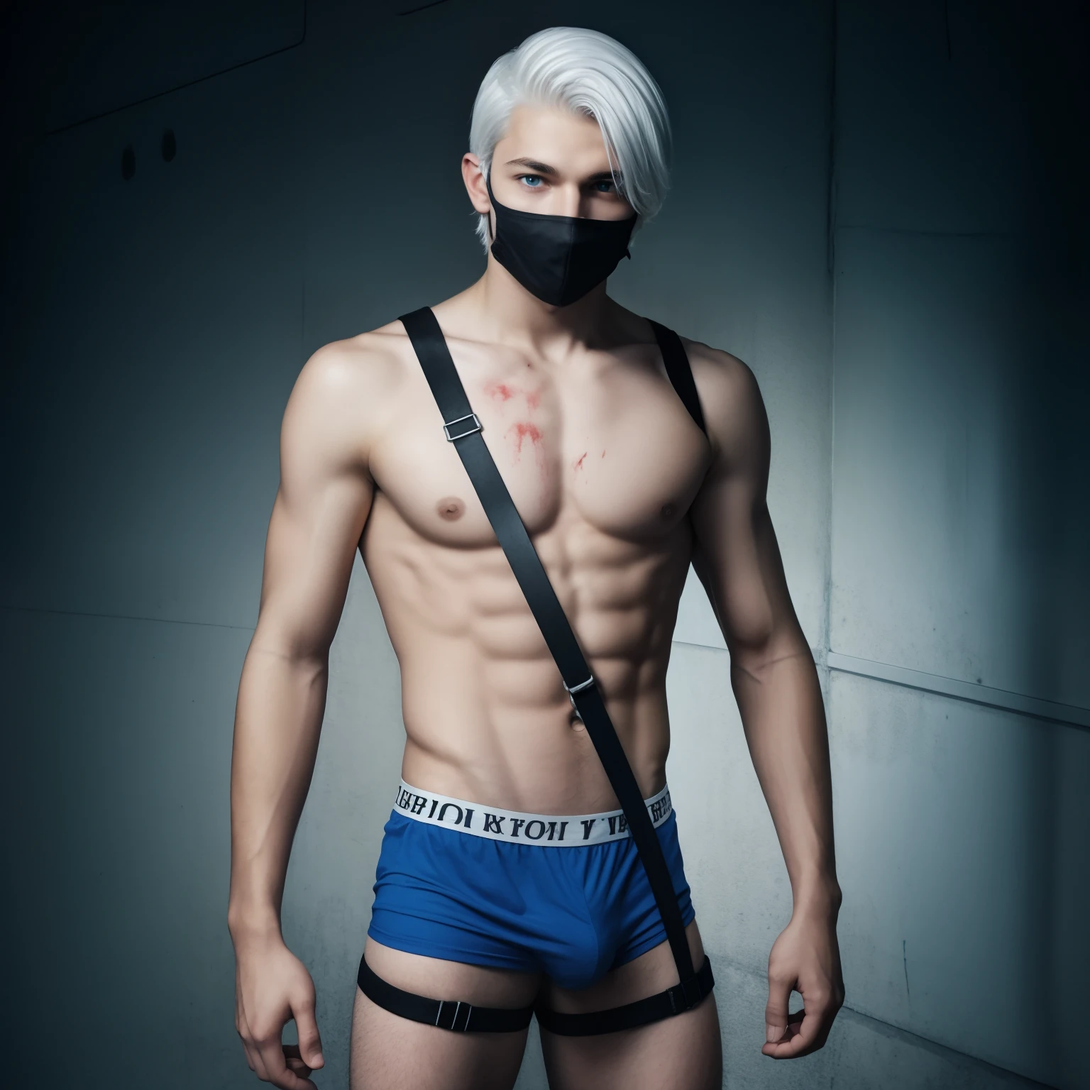 male posing, boxerbriefs, skinny body, atmospheric, cute face, white hair, blood, mask, harness, dead inside, white school shirt