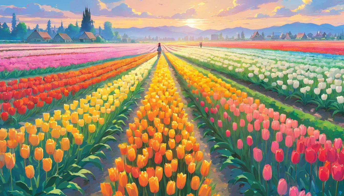 A masterpiece of canvas in the style of Claude Monet,Tulip fields in the Netherlands