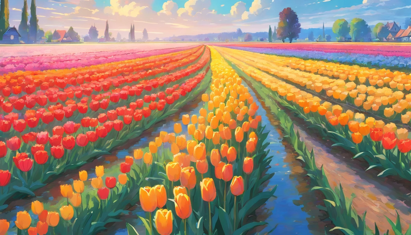 A masterpiece of canvas in the style of Claude Monet,Tulip fields in the Netherlands