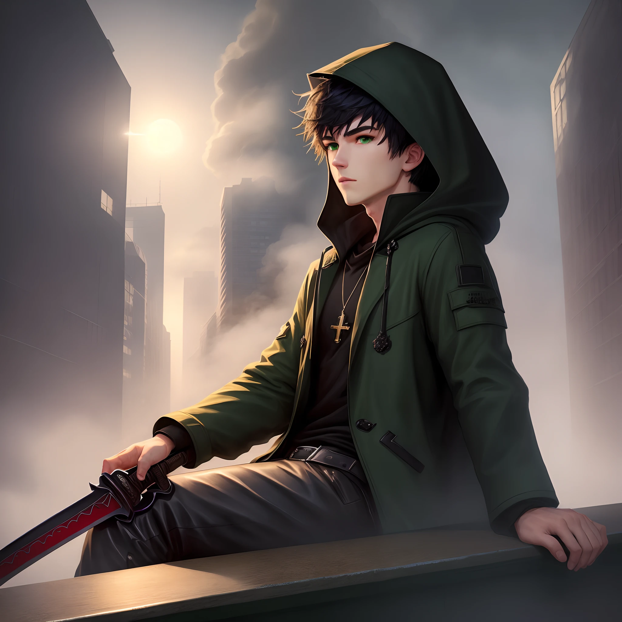 1guy, in full height, Cross-legged and arm-wide pose, black short lush hair, Green eyes, black coat with hood, sword in arm, Fog around, In the city at night