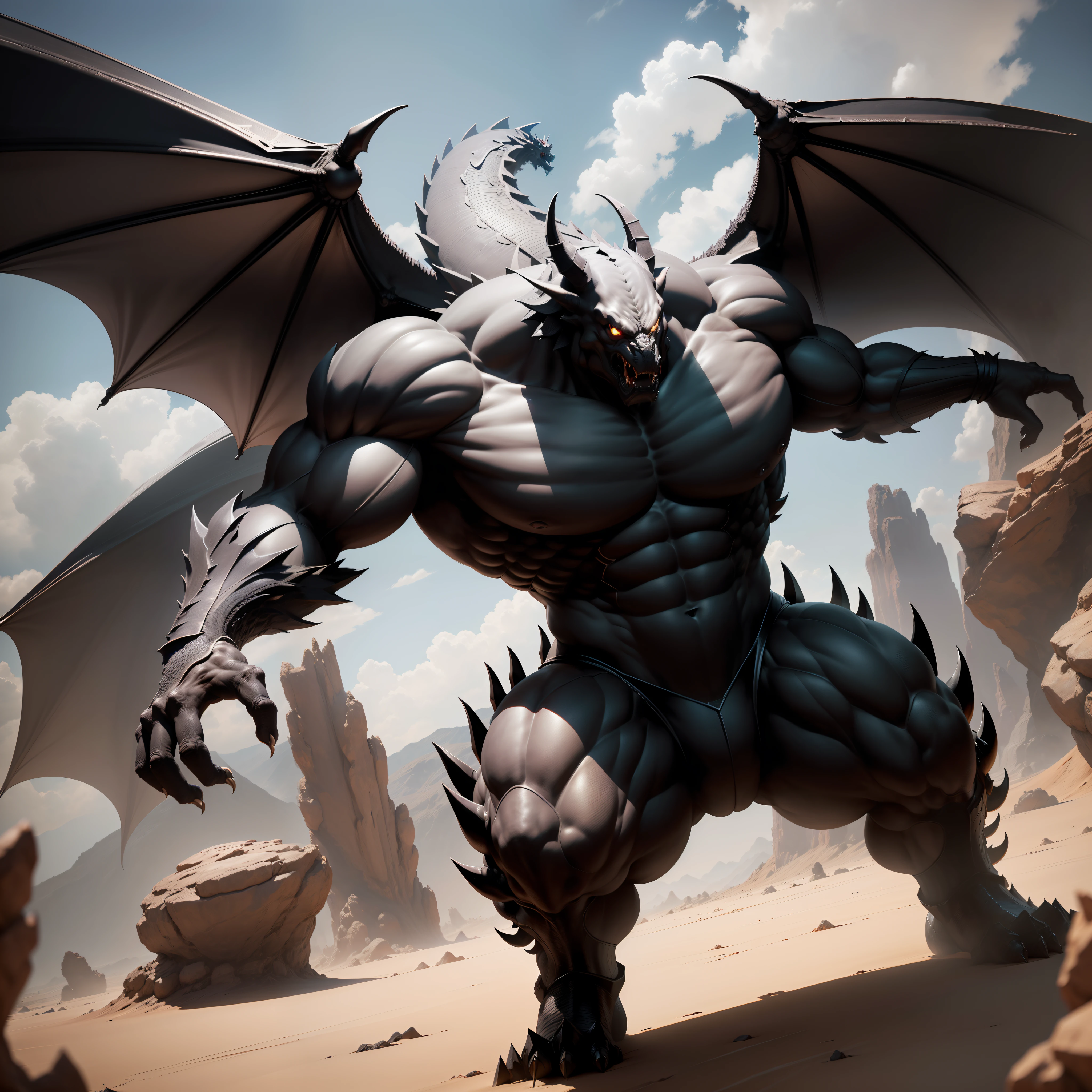 (Huge black dragon)，(drak），(musculature：800)，Whole body diagram，A desert，The is very detailed，4k高清