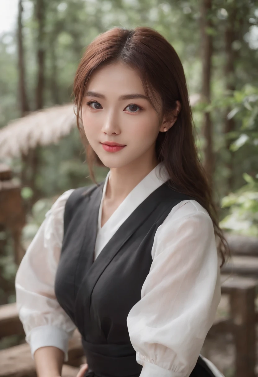 1 Japan girls, Cowbo of Sylve Dark watching viewers、Cleanly tanned skin,、 grin, 牙, Spoken Heart, elf, long eyebrows, (White shirt, Black skirt), Athletic, Volumetric lighting, Best Quality, masutepiece, Convoluted, Volumetric lighting, Cinematic, 8K, Cinematic lighting, masutepiece, Perfect, Intricate details, tonemapping, Realistic