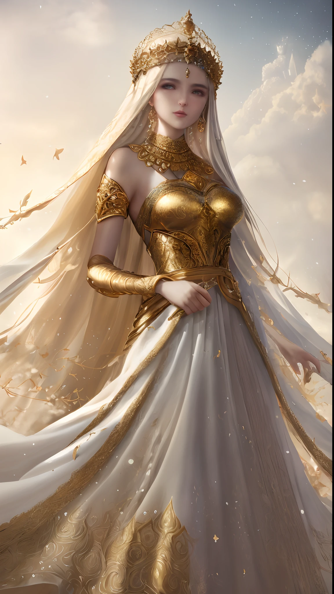 Soft and dreamy 8mm lens portrait of an Arabic dev brama of a universe adorned with a natural crown of gold and leaves and masses, ethereal dress. Soft snow sky. Using 8K High Definition. Art styles Greg Rutkowski , Android Jones , Tamsyn. Intricate dynamic lighting, elegant and highly detailed ultra-realistic, cinematic and octane rendering