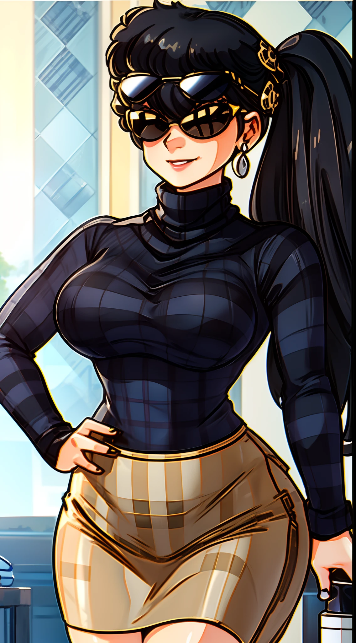 8k, highres, ultra detailed, (masterpiece:1.4), best quality, symmetrical body, KodachiKunou, (black roll-neck sweter:1.4), (beige pencil skirt with plaid pattern:1.4), (sunglasses:1.4), choker, cute, solo, earrings, long hair, dark black hair, grey eyes, glow effect, finely eye, grinning, wide smile, detailed face, looking at viewer, smilling at viewer, office, standing, angled view, big breasts, teasing, seductive look