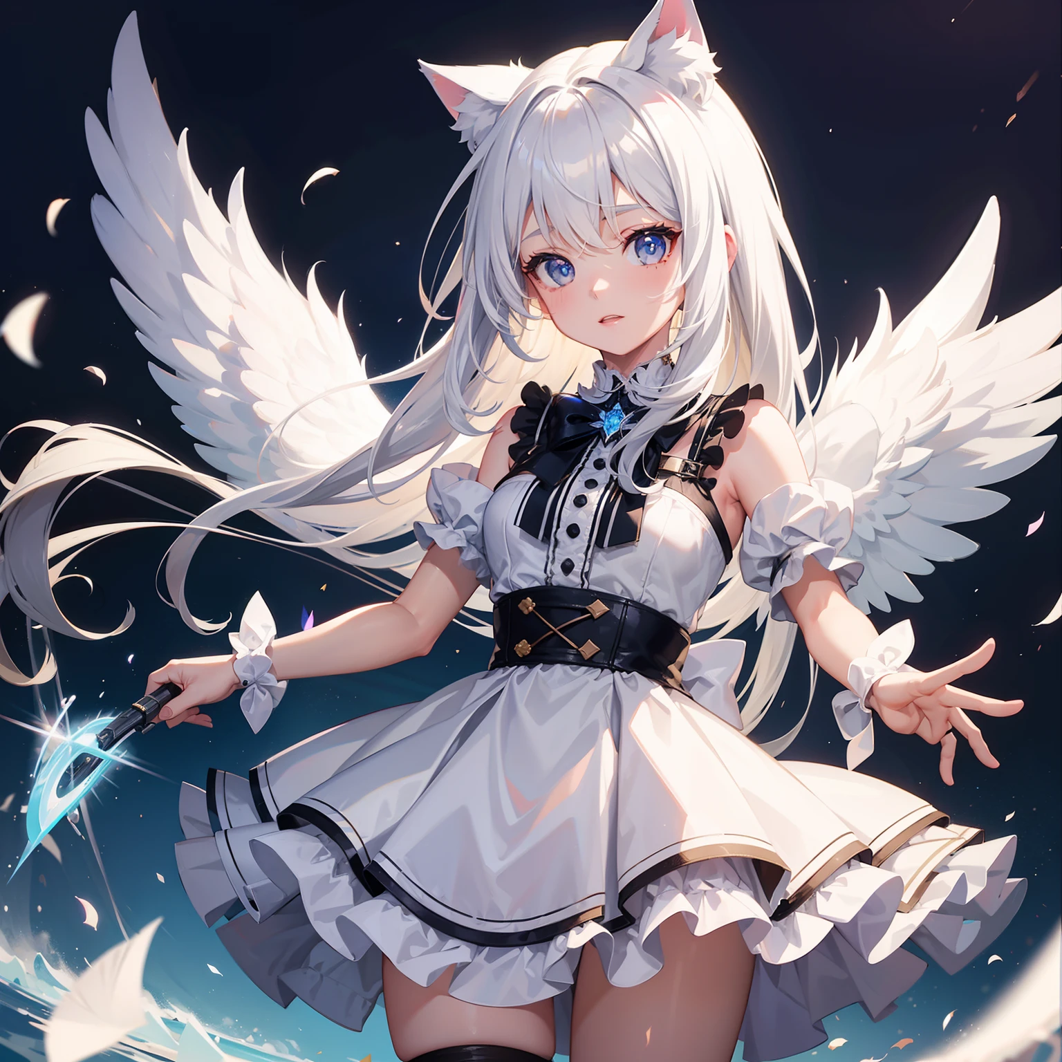 a girl, cute, white hair, a streamer cosplaying a cat girl and wearing Guardian angel oufit