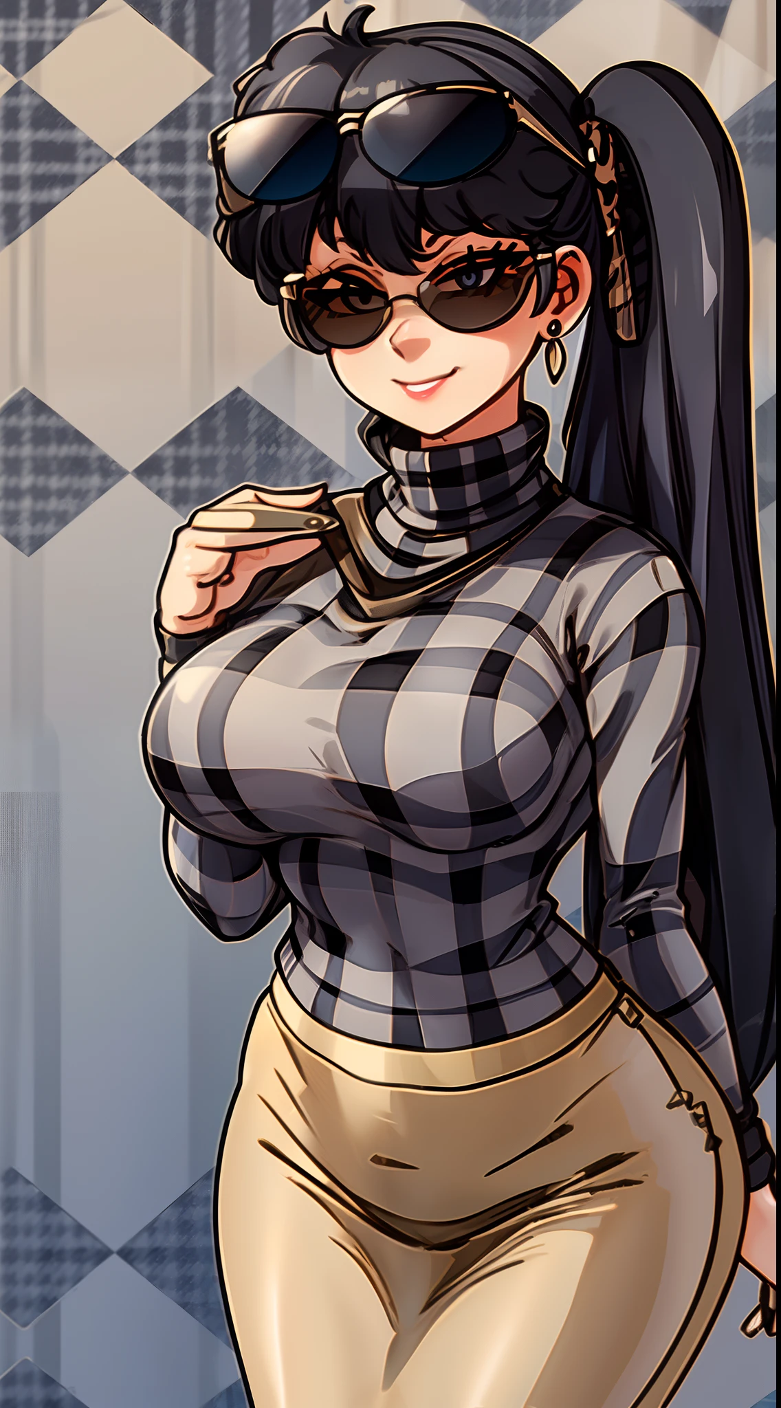 8k, highres, ultra detailed, (masterpiece:1.4), best quality, symmetrical body, KodachiKunou, (black roll-neck sweter:1.4), (beige pencil skirt with plaid pattern:1.4), (sunglasses:1.4), choker, cute, solo, earrings, long hair, dark black hair, grey eyes, glow effect, finely eye, grinning, wide smile, detailed face, looking at viewer, smilling at viewer, office, standing, angled view, big breasts, teasing, seductive look