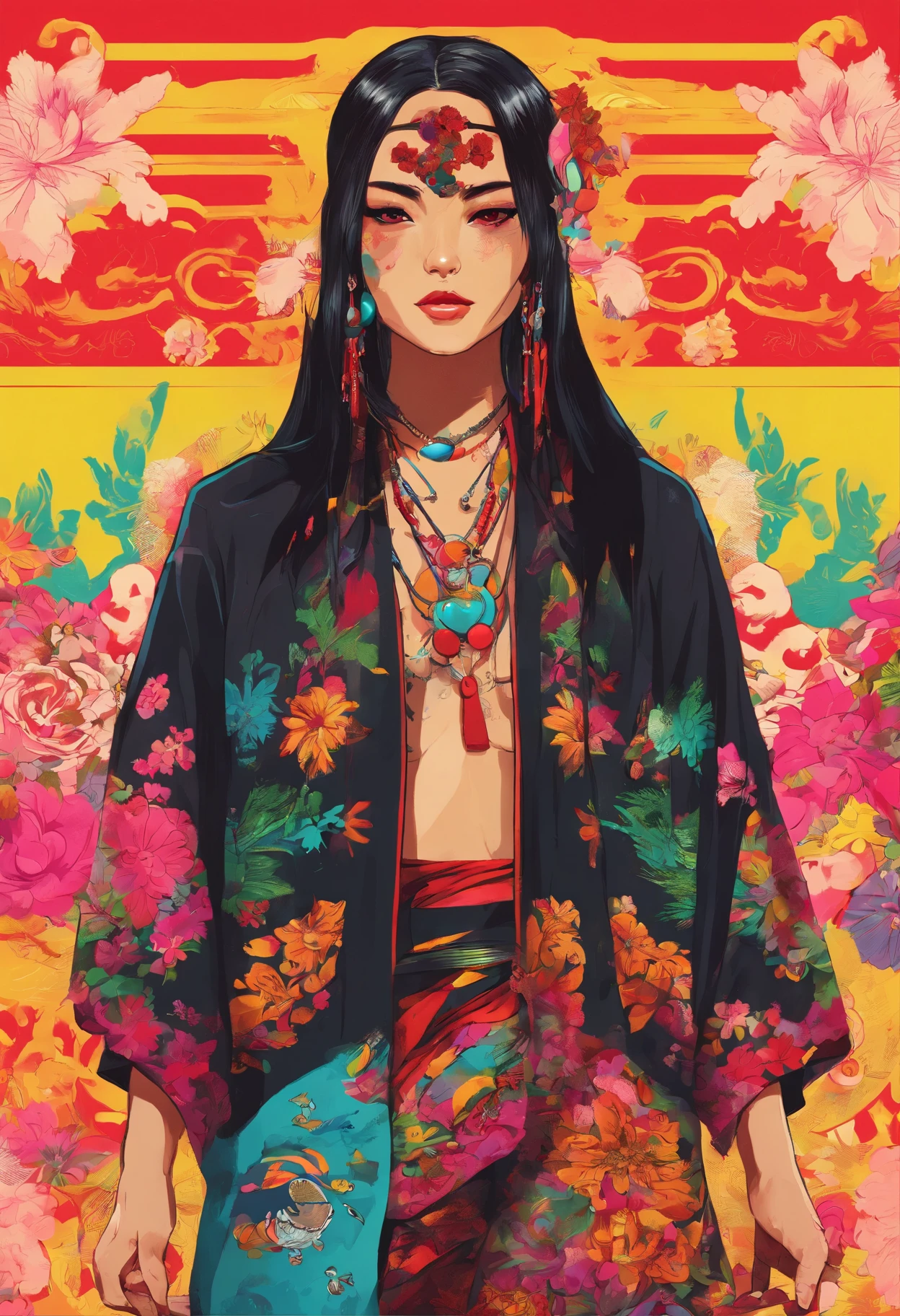 "(Girl in black hippie fashion+rot+blanche),Colorful colors、 The upper part of the body、incredible details, Traditional background of Japan, Magnificent illustrations, Perfect picture quality"