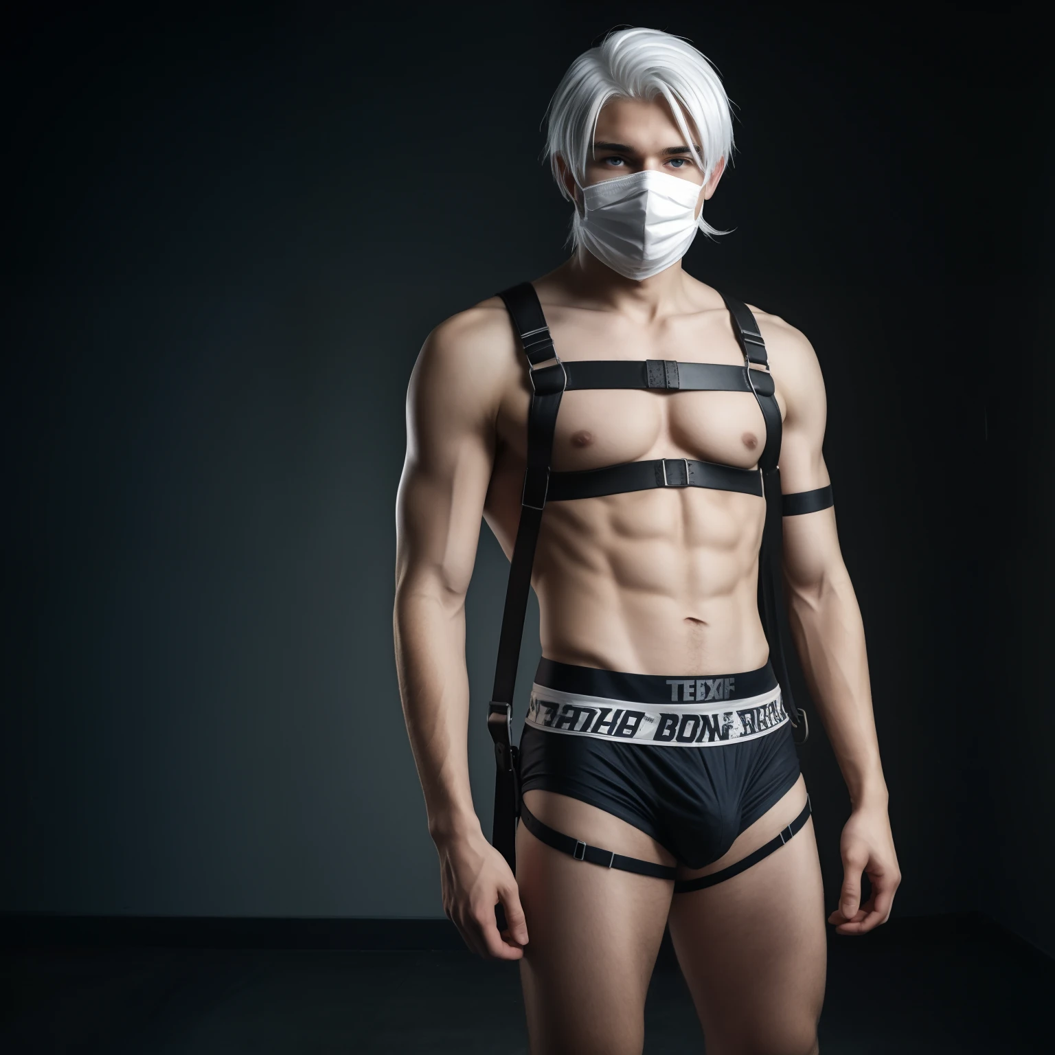  male posing, boxerbriefs, skinny body, atmospheric, cute face, white hair, blood, mask, harness, dead inside, white school shirt