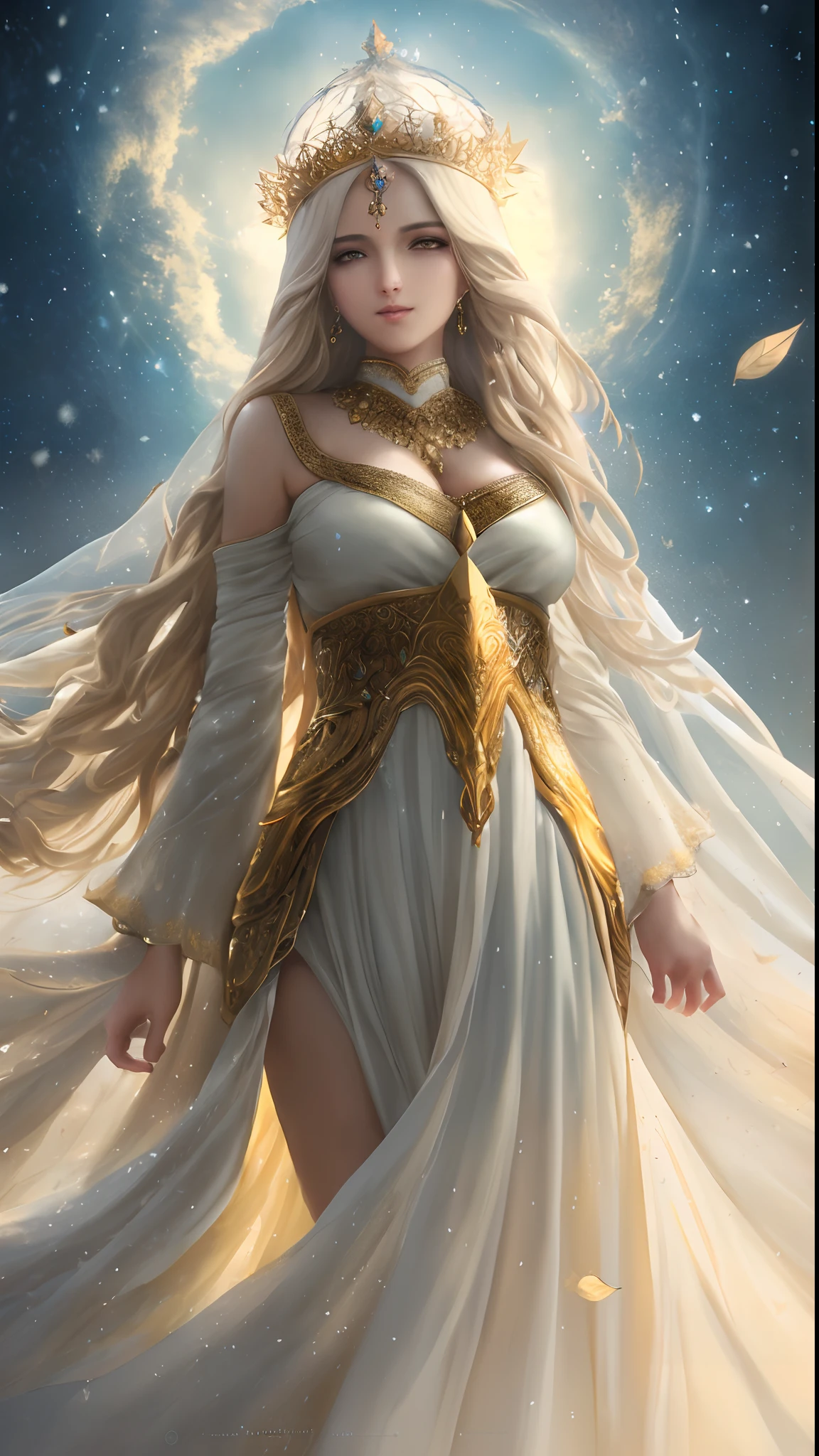 Soft and dreamy 8mm lens portrait of an Arabic dev brama of a universe adorned with a natural crown of gold and leaves and masses, ethereal dress. Soft snow sky. Using 8K High Definition. Art styles Greg Rutkowski , Android Jones , Tamsyn. Intricate dynamic lighting, elegant and highly detailed ultra-realistic, cinematic and octane rendering