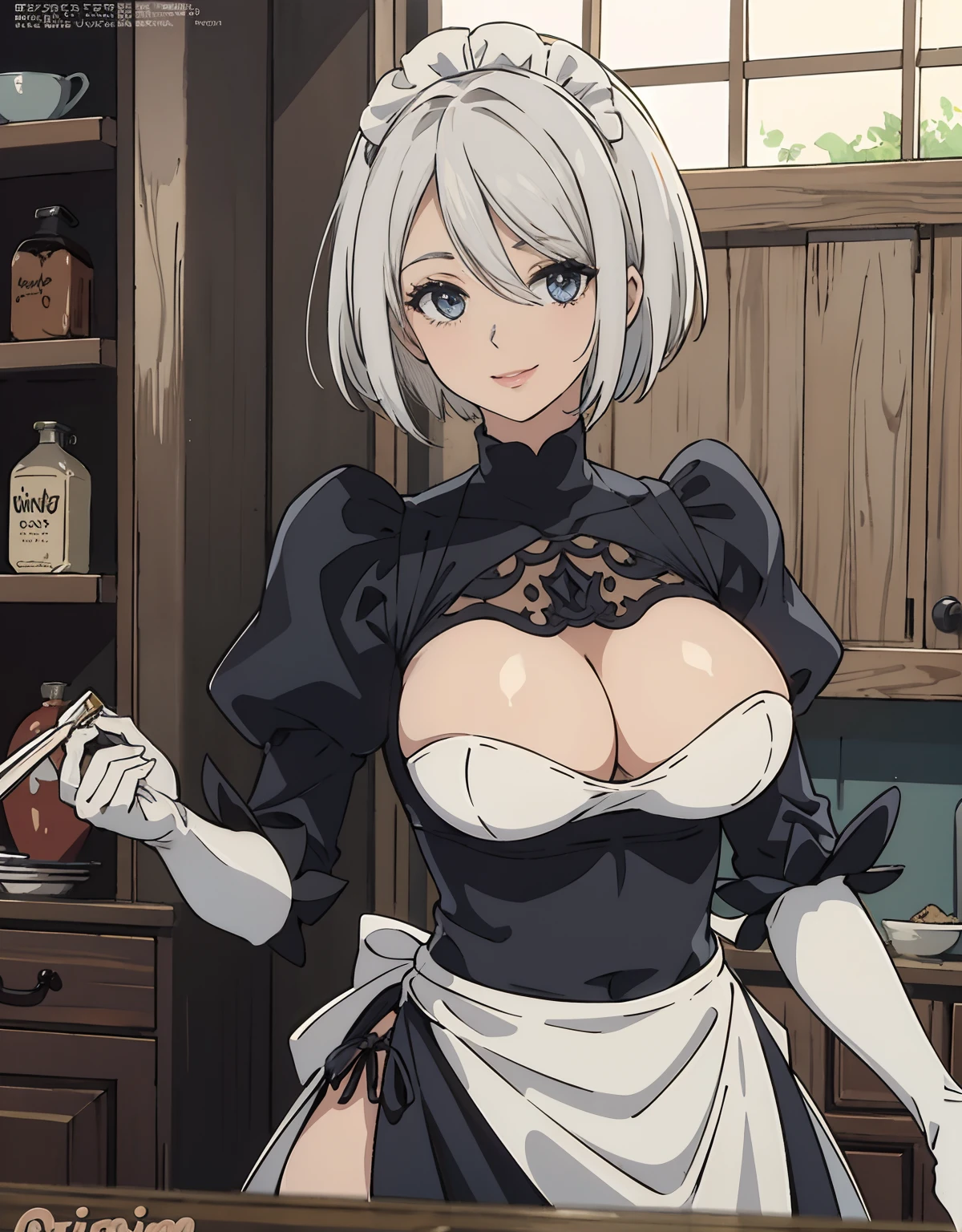 (Best Quality, Masterpiece),sexy mommy, Front cover of a women's cooking magazine,  erotic, 18+, nsfw, 1girl, 30 years old, stunning, cute, smile, hourglass figure, Maid costume, beautiful food, text, diagrams, advertisements, magazine title, short white hair,grey detailed sparkling eyes,One strand of hair hangs down over his forehead