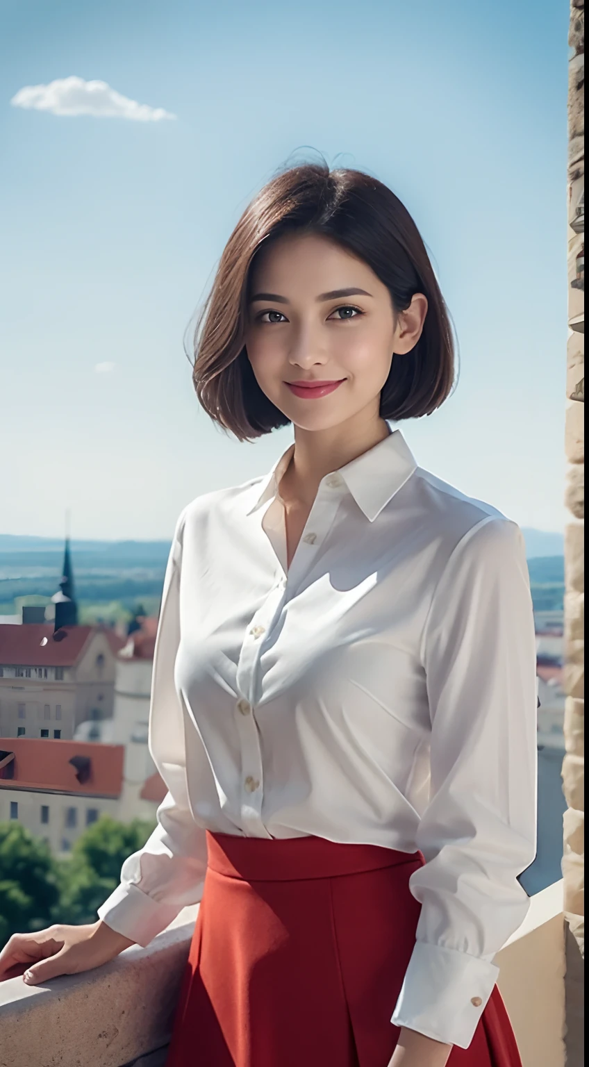((small tit)), (Shoulder-length straight black short hair: 1.2), （Very meticulous CG 8k wallpapers），（Very sophisticated、Beautiful fece），（masutepiece），（best qualtiy：1.0），（Ultra High Resolution：1.0），Beautiful illumination，Perfect Lightning，realistic shaded，[hight resolution]，Smooth and perfectly fair skin，Very exquisite facial detail，（Perfect body：1.1），ultra - detailed，beautiful  Girl，small head，(Small breasts:1.1)，flat-chest，slim，Thin，Smile，cheerfulness，（White collar long sleeve shirt:1.1），（Maxi Red Horse Face Skirt：1.1），White Crystal High Heels，Summer，daytime scene,Azure and clear sky，white clouds，In Budapest，in castle，On the high towers of the castle，Standing，Below the castle is a classic European town，Close Shot，Hair and skirt fluttering in the wind