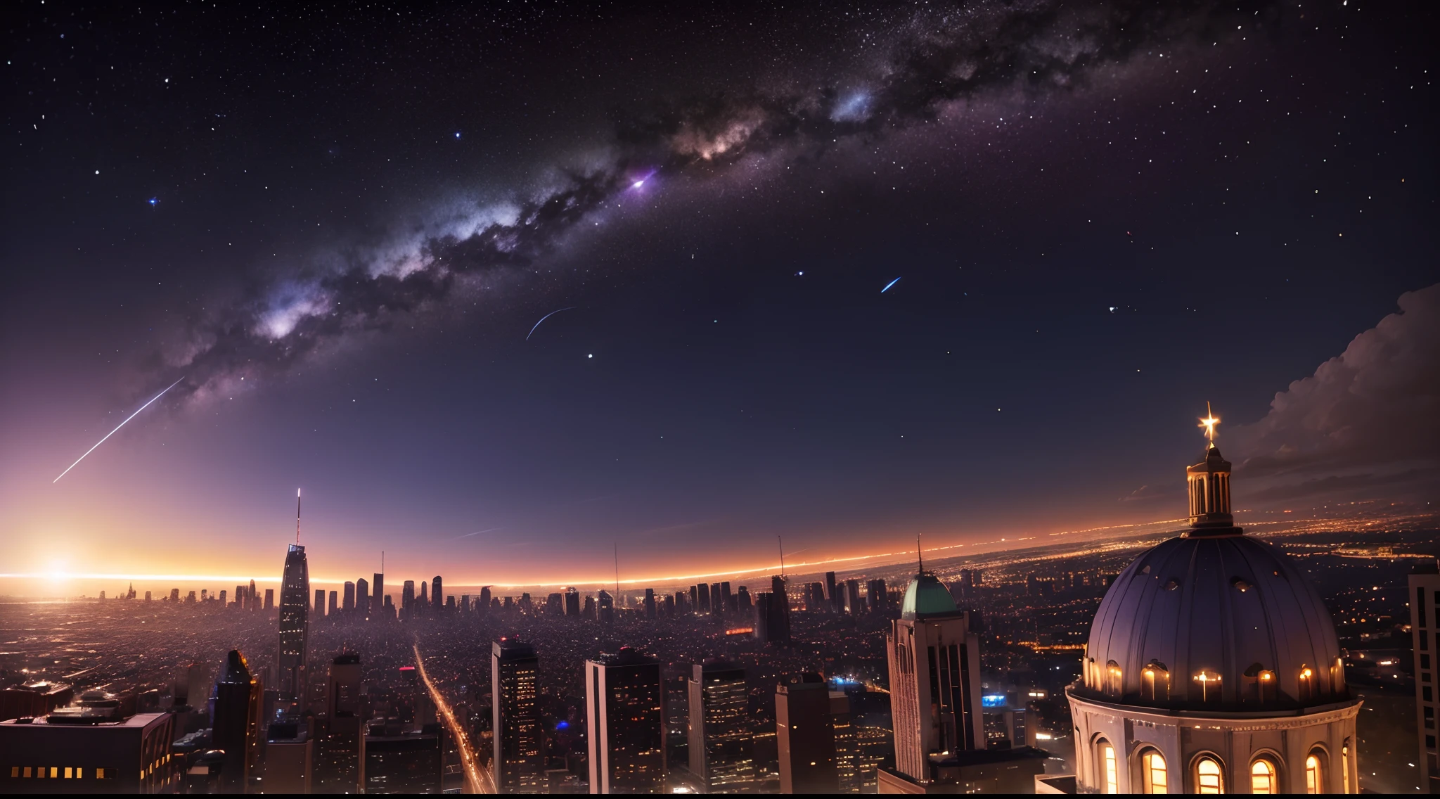 Meteor showers fall in the direction of the city, The city, the night, --auto