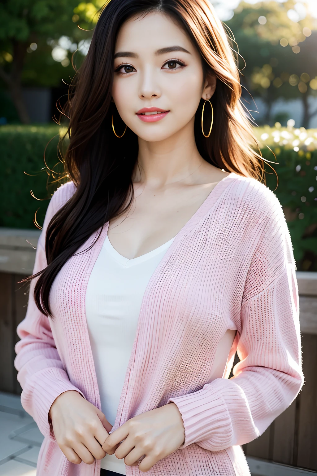 (8K、HDR、Hi-Res)、((((a picture、RAW Photography、Hyper-Realism、masterpiece、top-quality、超A high resolution))))、(Pin Light、back lighting、back lighting、ciinematic light)、foco nítido:1。4、(Hyper-detailing、finedetail)、cowboy shot、
1girl in、Face shaped like an egg、big, beautiful cat-like eyes、Cute and button-like nose、small and rather plump lips,、thick eyebrow、Long and beautiful eyelashes。The whole makeup is transparent、There is a pink touch and sparkling lip gloss on the cheeks。The hairstyle is long with wavy waves。Random and sexy poses,Random situations、A smile、bokeh feeling、natural、Beautiful resort scenery、Bright sunshine、25-years old、(Drooping eyes 1.5)、Adult beauty、natural、japanes、I am wearing long-sleeved clothes、