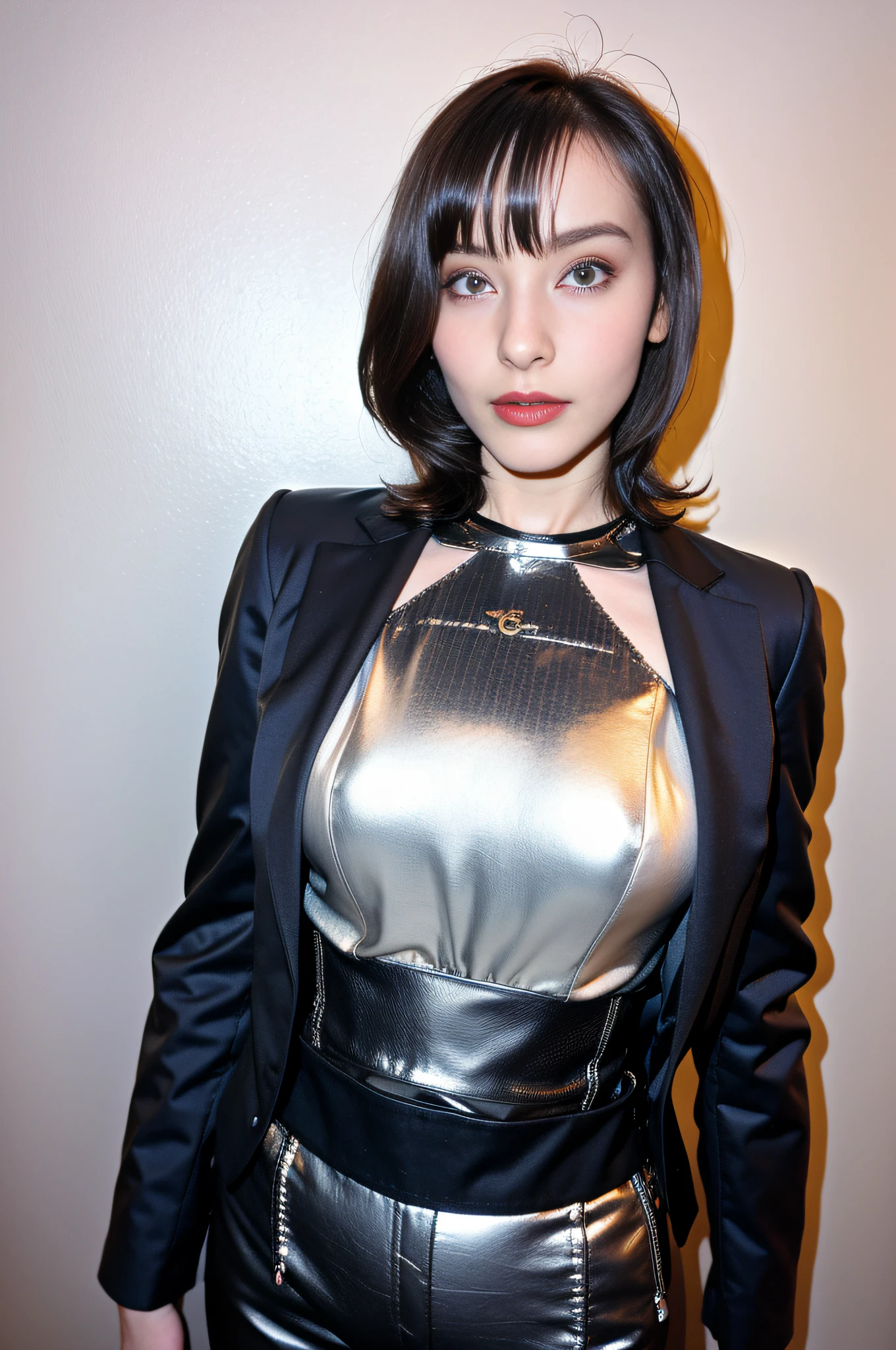 (8K, RAW Photos, Top Quality, Masterpiece: 1.2), (Realistic, Photorealistic: 1.37), (Kpop Idol), (aegyo sal:1), Cute, Professional Lighting, Photon Mapping, Radiosity, Physically Based Rendering, Cosplay, Lucy (Cyberpunk), Bob Cut, Mechanical Parts, Gray Eye, black tight suit, cyberpunk city black pants, night, neon lights, sexy, smoke, watch viewer, 8k high resolution, 8k, cg wallpaper, realistic background, clear background, big, full body