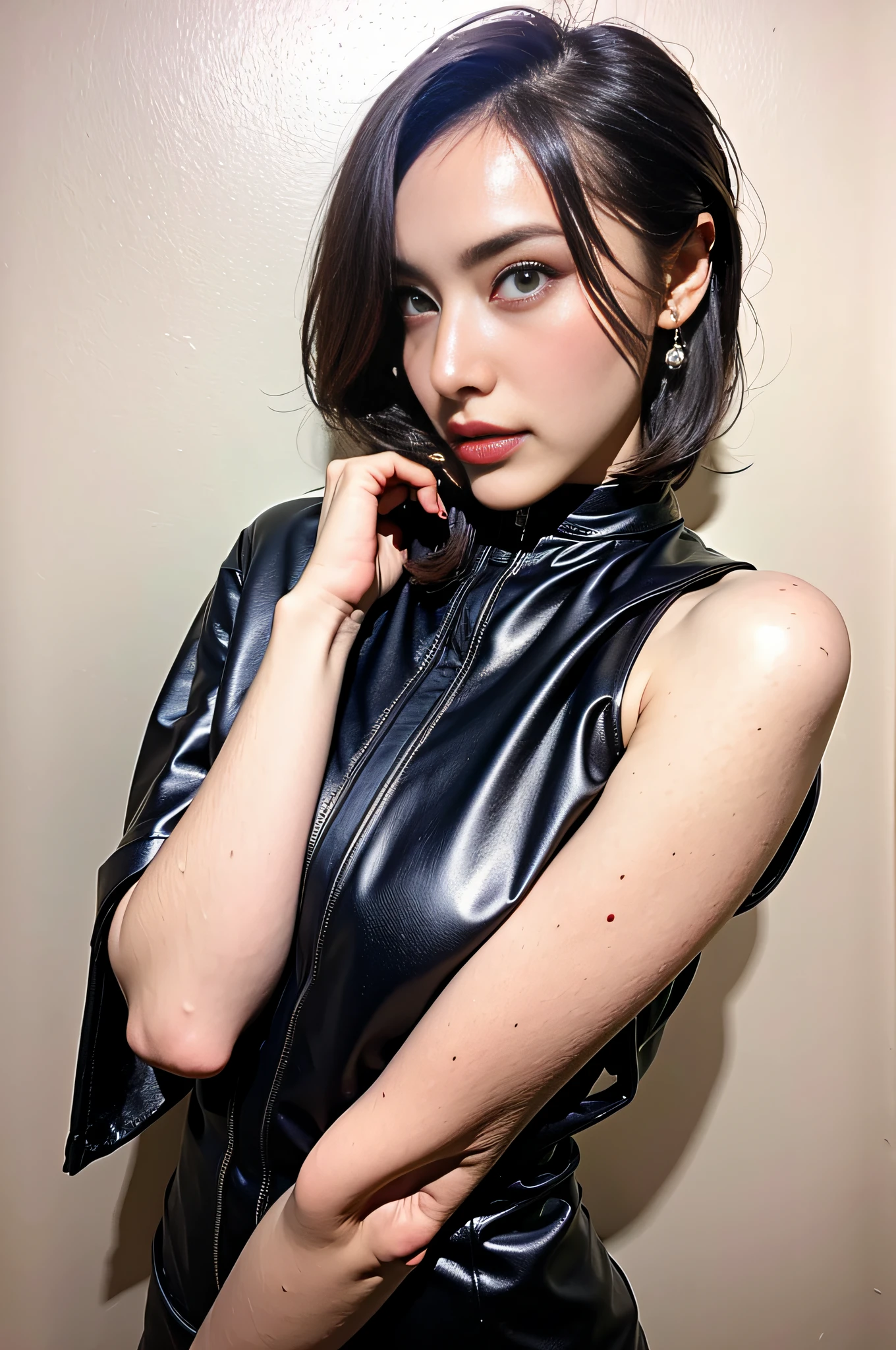 (8K, RAW Photos, Top Quality, Masterpiece: 1.2), (Realistic, Photorealistic: 1.37), (Kpop Idol), (aegyo sal:1), Cute, Professional Lighting, Photon Mapping, Radiosity, Physically Based Rendering, Cosplay, Lucy (Cyberpunk), Bob Cut, Mechanical Parts, Gray Eye, black tight suit, cyberpunk city black pants, night, neon lights, sexy, smoke, watch viewer, 8k high resolution, 8k, cg wallpaper, realistic background, clear background, big, full body