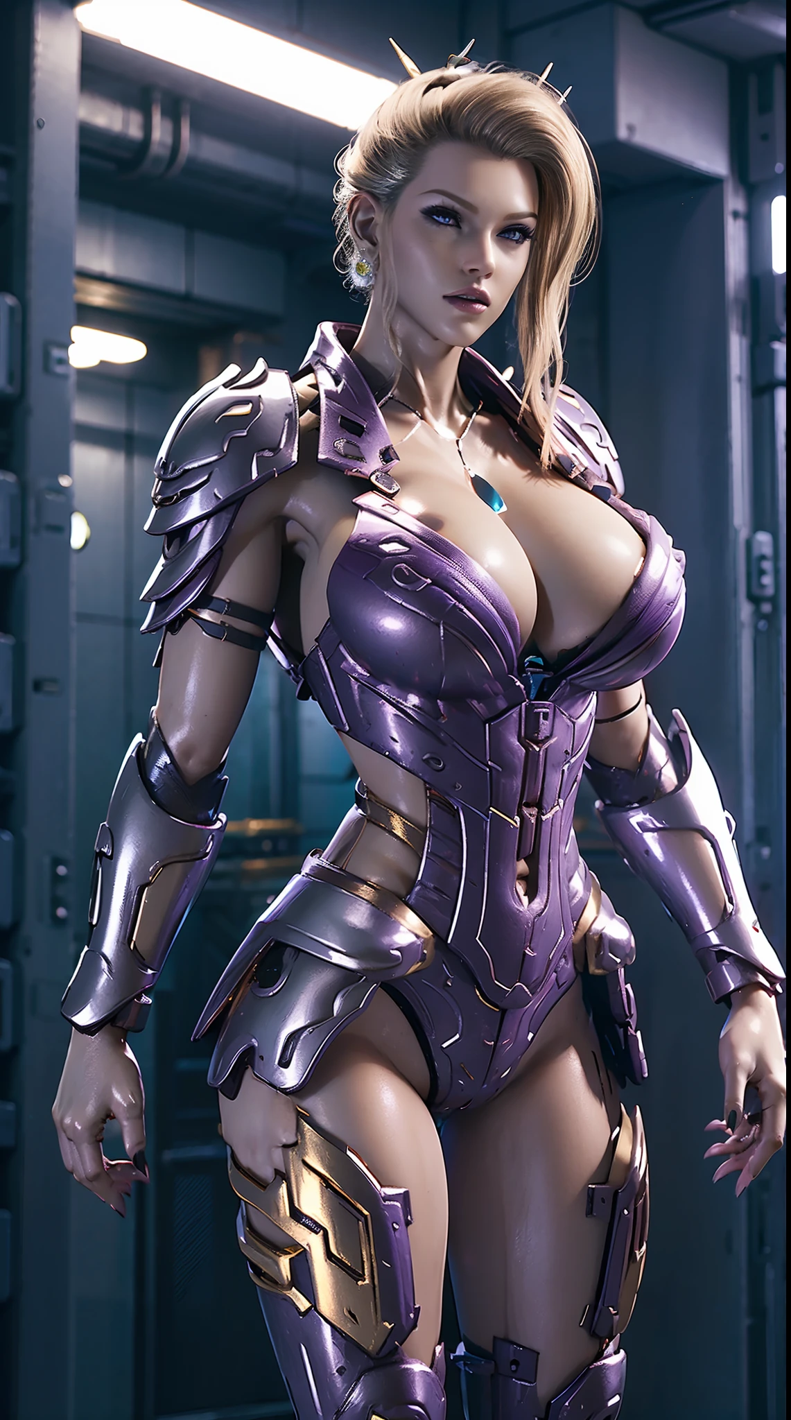 A WOMAN, BEAUTIFULL FACE, HUGE BOOBS, RGB, WHITE, GOLD, PURPLE, MECHA ARMOR FULL SUIT, (CLEAVAGE), TRANSPARANT, TALL LEGS, STANDING, SEXY BODY, MUSCLE ABS.