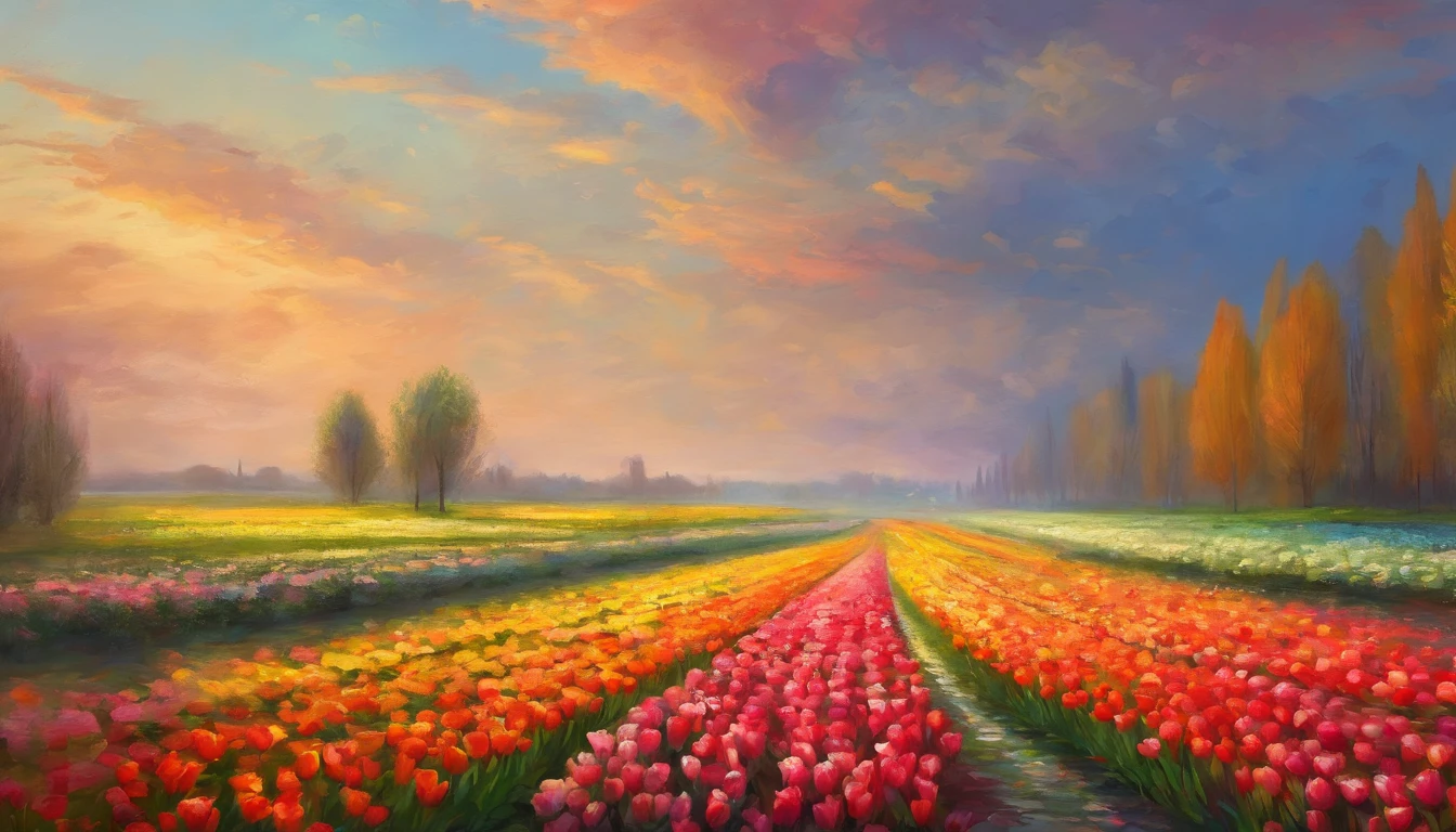 A masterpiece of canvas in the style of Claude Monet,Tulip fields in the Netherlands