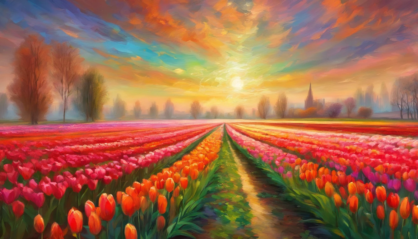 A masterpiece of canvas in the style of Claude Monet,Tulip fields in the Netherlands