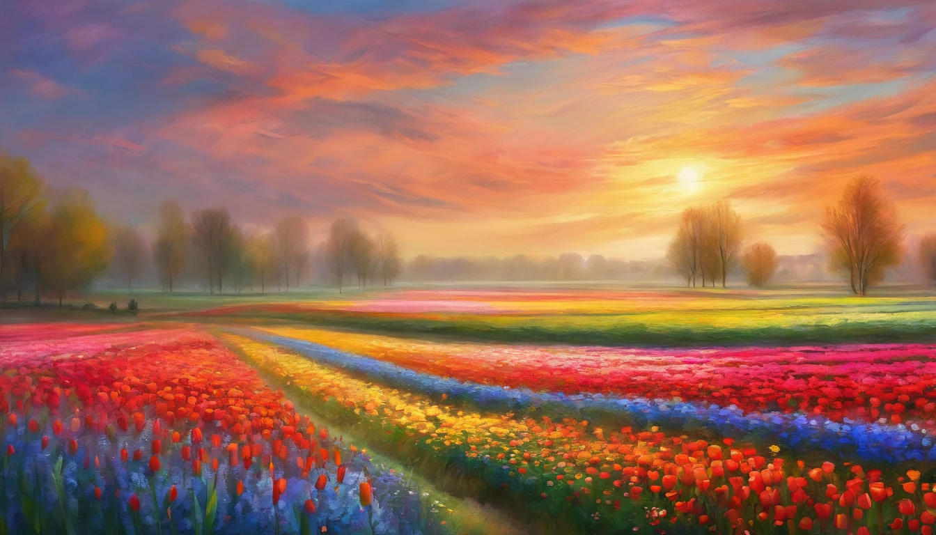 A masterpiece of canvas in the style of Claude Monet,Tulip fields in the Netherlands