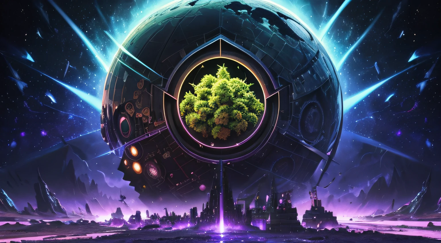 After a long war to destroy the entire civilization on Earth, Now the planet is full of cannabis plants, effect ((psychedelics)), surrealism, hyper photorealism, Abstractionism, cubismo, hyper HD, Masterpiece, Textured skin, Super detail, High details, High quality, A high resolution, Best quality, 8K