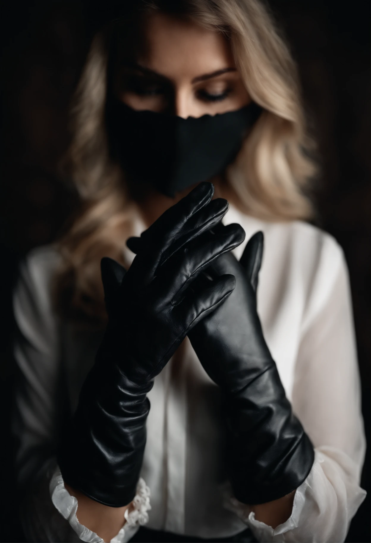 Women's hands with black leather gloves on both hands, white blouse sleeves, close-up black leather gloves hands, spread the photo