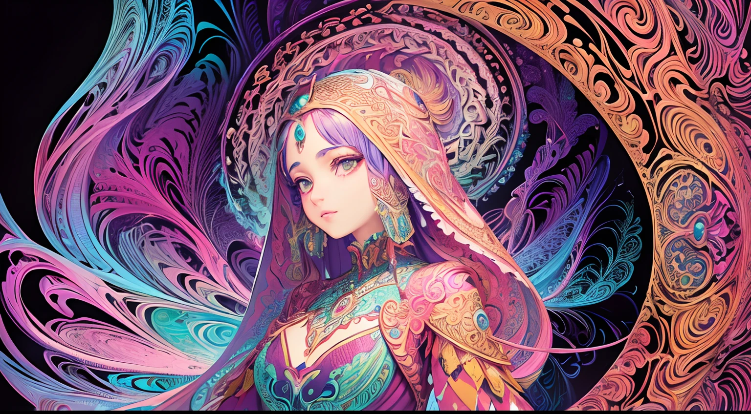 (masterpiece, top quality, best quality, official art, beautiful and aesthetic:1.2), (1girl:1.3), extremely detailed,(fractal art:1.2),colorful,highest detailed,(zentangle:1.2), (dynamic pose), (abstract background:1.5), (treditional dress:1.2), (shiny skin), (many colors:1.4), upper body