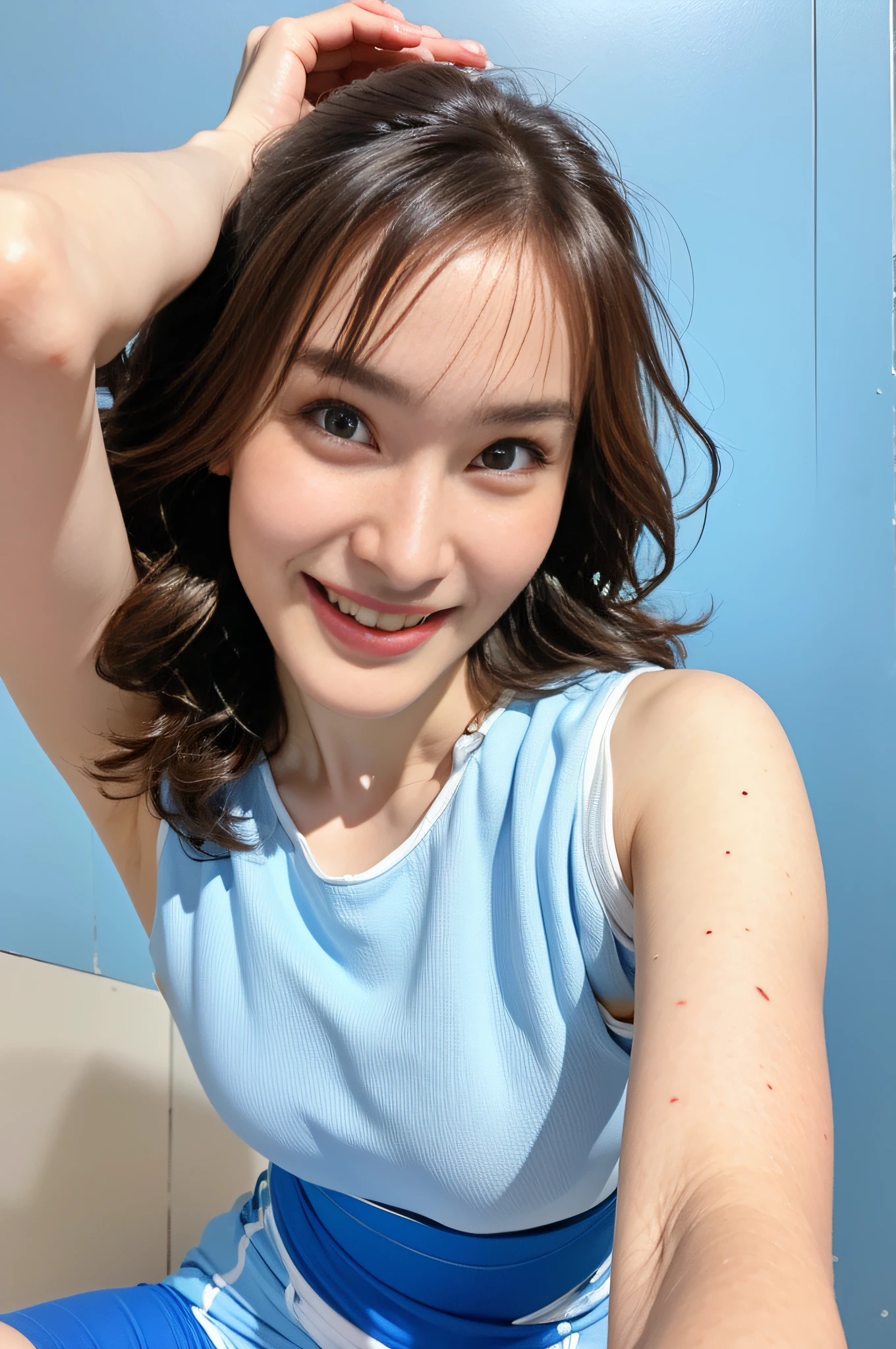 Best Quality, 1 beautiful Japanese woman, in cozy pajamas, (captures a mid-action selfie:1.5), during a playful pillow fight, alone or with a friend. She has a wide, genuine laugh, with feathers slightly visible in the air around her. The camera angle is slightly tilted, adding dynamic movement to the shot, showcasing the fun and spontaneity of the moment against the backdrop of her disheveled bed and pillows