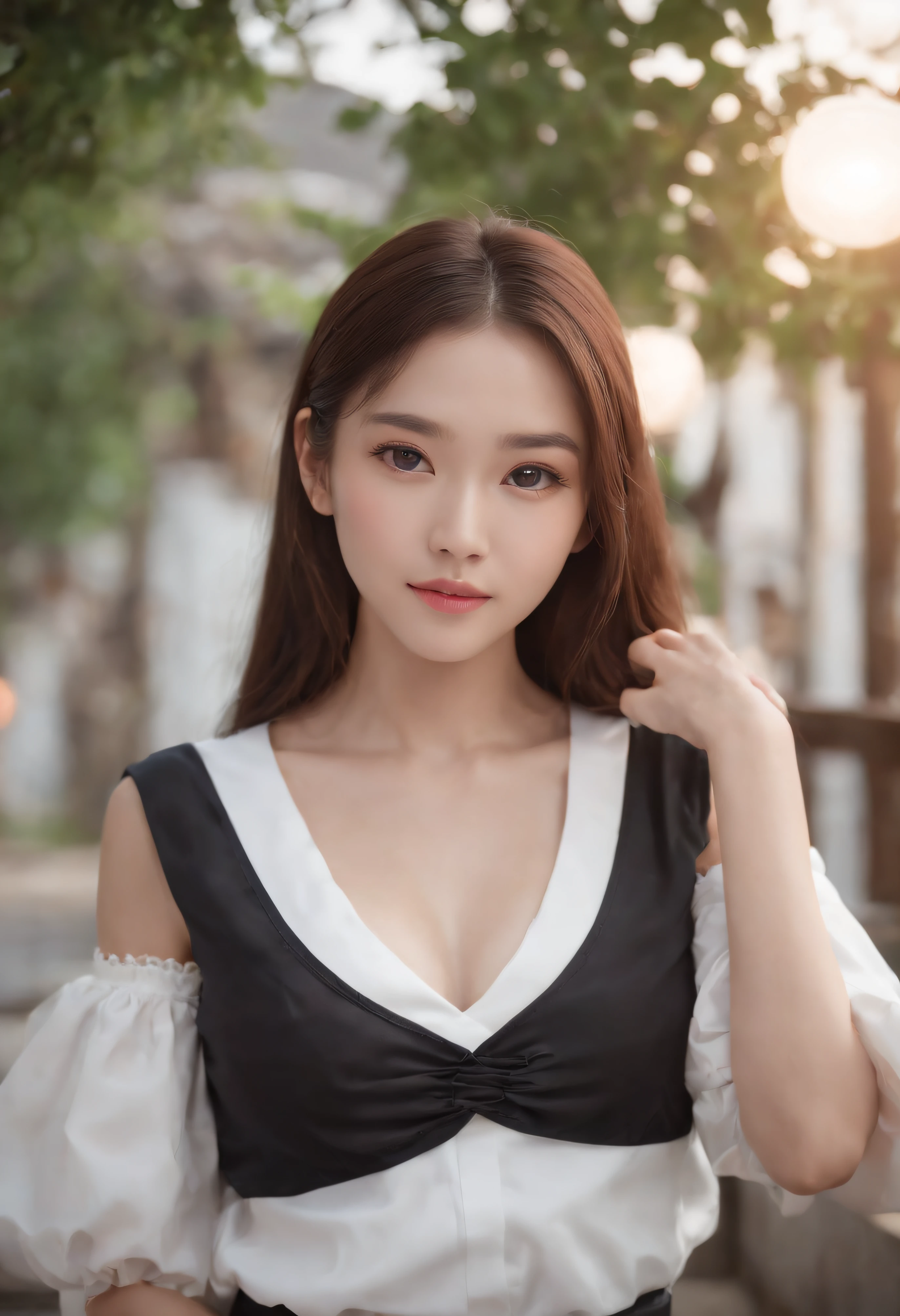 1 Japan girls, Cowbo of Sylve Dark watching viewers、Cleanly tanned skin,、 grin, tusk, Spoken Heart, elf, long eyebrows, (White shirt, Black skirt), Athletic, Volumetric lighting, Best Quality, masutepiece, Convoluted, Volumetric lighting, Cinematic, 8K, Cinematic lighting, masutepiece, Perfect, Intricate details, tonemapping, Realistic