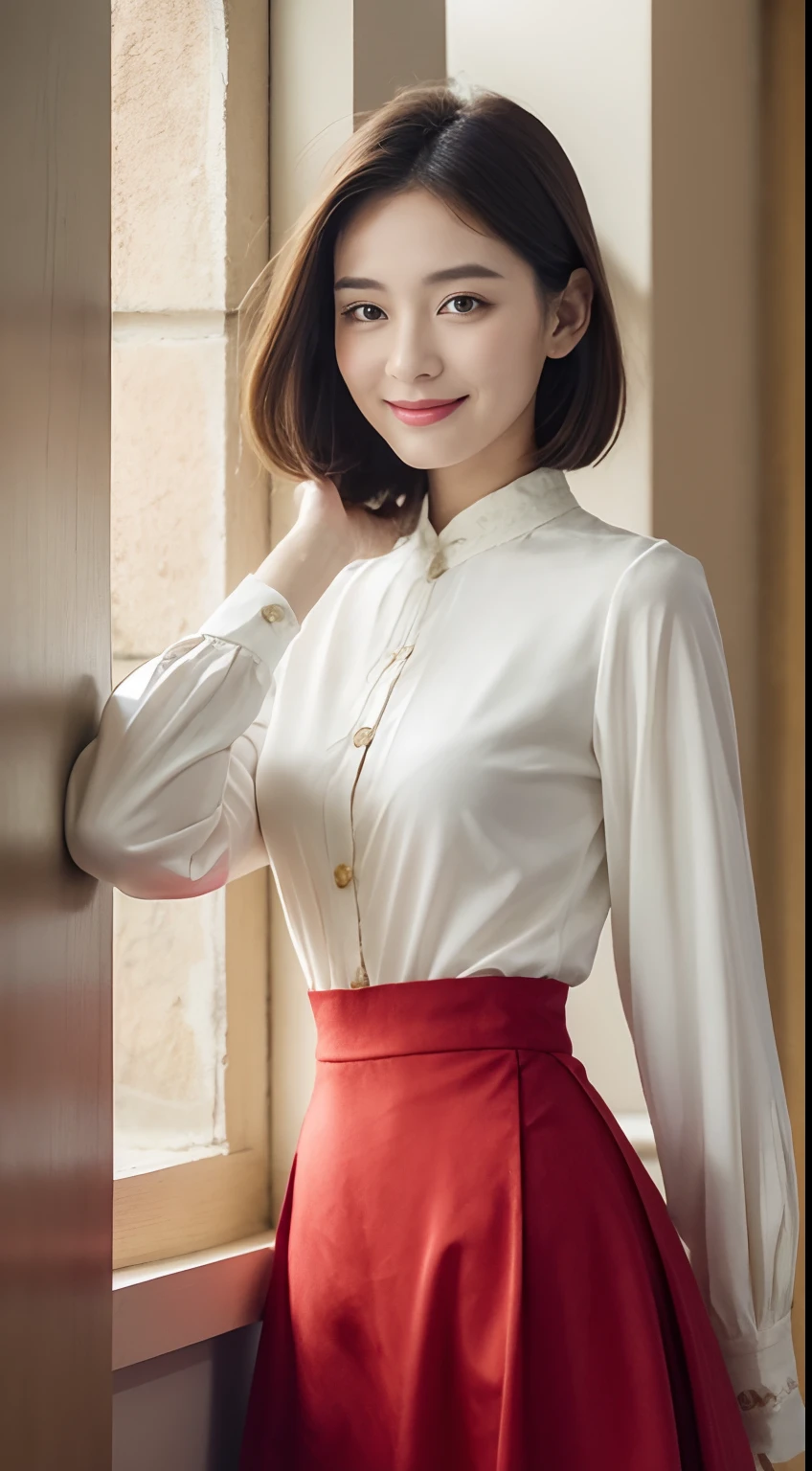 ((small tit)), (Shoulder length straight short hair: 1.2), （Very meticulous CG 8k wallpapers），（Very sophisticated、Beautiful fece），（masutepiece），（best qualtiy：1.0），（Ultra High Resolution：1.0），Beautiful illumination，Perfect Lightning，realistic shaded，[hight resolution]，Smooth and perfectly fair skin，Very exquisite facial detail，（Perfect body：1.1），ultra - detailed，beautiful  Girl，small head，(Small breasts:1.1)，flat-chest，slim，Thin，Smile，cheerfulness，（White collar long sleeve shirt:1.1），（Red Maxi Horse Face Long Skirt：1.2），Crystal High Heels，Summer，daytime scene,azure sky，Clean clouds，In Budapest，in castle，On the high towers of the castle，Standing，Below the castle is a classic European town，Close Shot，Hair and skirt fluttering in the wind