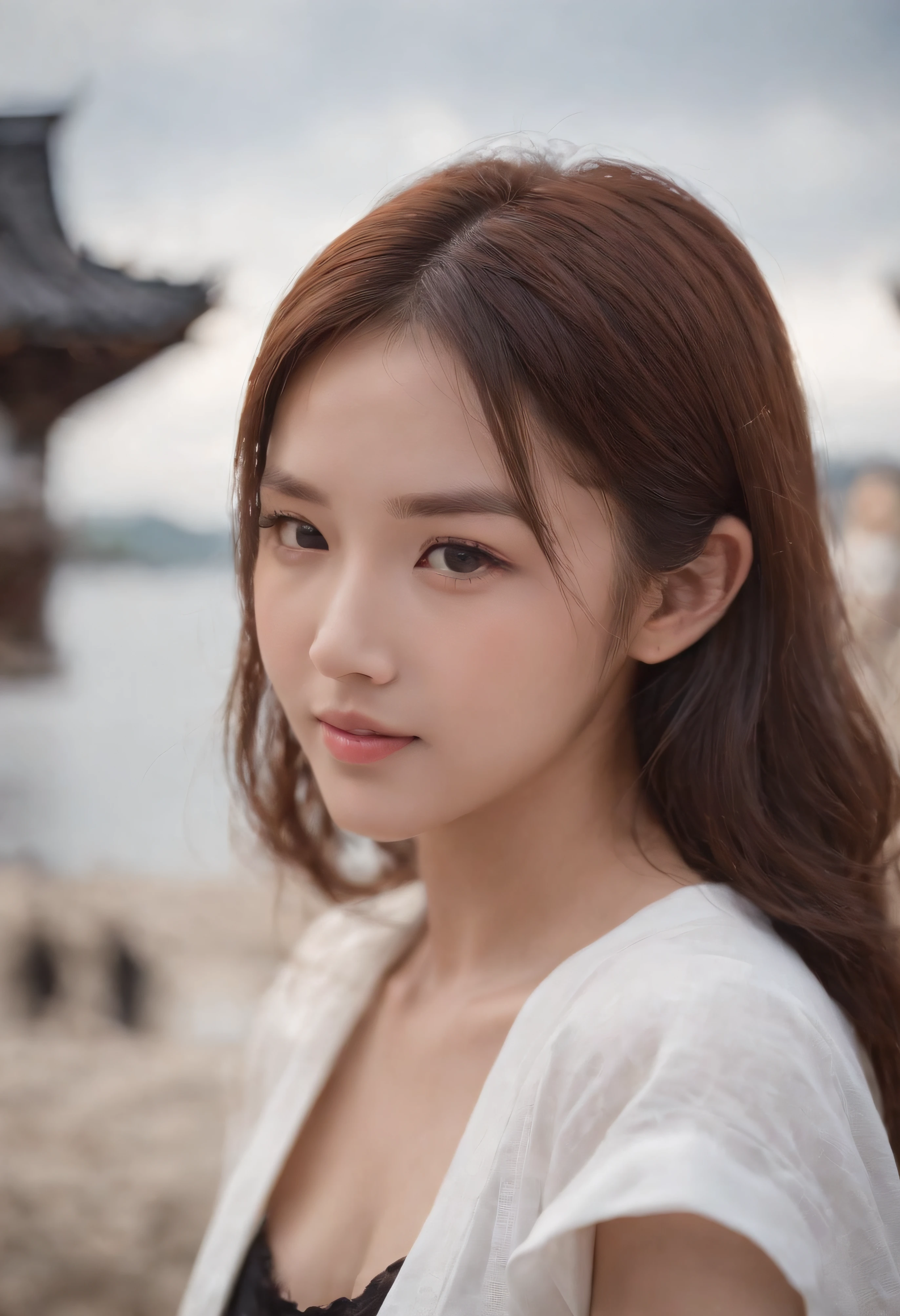 1 Japan girls, Cowbo of Sylve Dark watching viewers、Cleanly tanned skin,、 grin, tusk, Spoken Heart, elf, long eyebrows, (White shirt, Black skirt), Athletic, Volumetric lighting, Best Quality, masutepiece, Convoluted, Volumetric lighting, Cinematic, 8K, Cinematic lighting, masutepiece, Perfect, Intricate details, tonemapping, Realistic