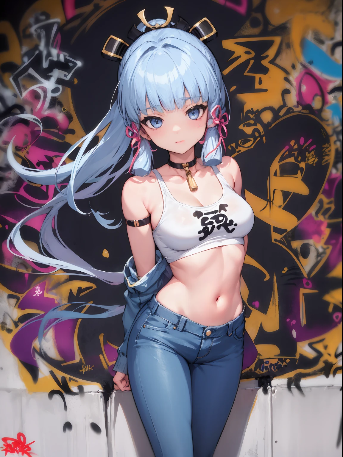kamisato ayaka|genshin impact, master-piece, bestquality, 1girls,25 years old, proportional body, elongated legs, Beautiful, proportional., crop top, Long Jeans, mediuml breasts, ,bara, crop top, choker, (Graffiti:1.5), Splash with purple lightning pattern., arm behind back, against wall, View viewers from the front., Thigh strap, Head tilt, bored,