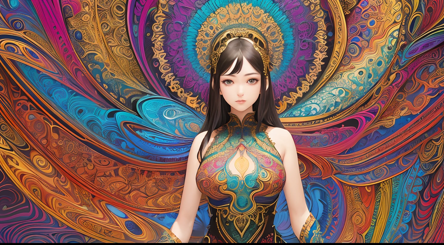 (masterpiece, top quality, best quality, official art, beautiful and aesthetic:1.2), (1girl:1.3), extremely detailed,(fractal art:1.2),colorful,highest detailed,(zentangle:1.2), (dynamic pose), (abstract background:1.5), (treditional dress:1.2), (shiny skin), (many colors:1.4), upper body
