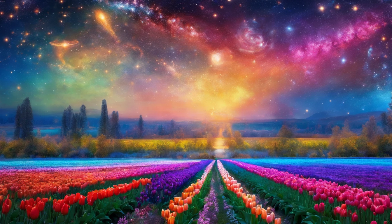 A masterpiece of canvas in the style of Claude Monet,Tulip fields in the Netherlands