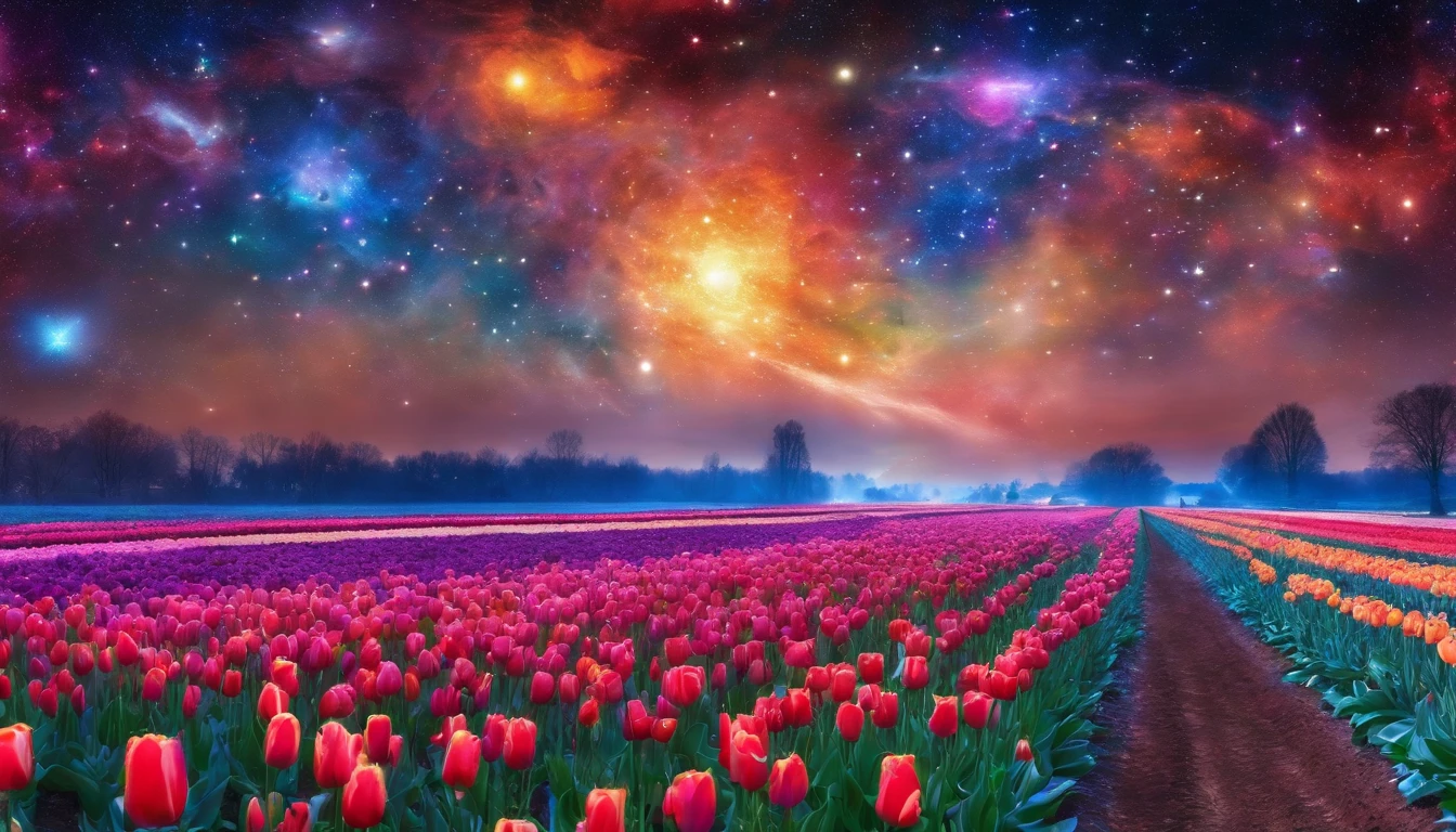 A masterpiece of canvas in the style of Claude Monet,Tulip fields in the Netherlands