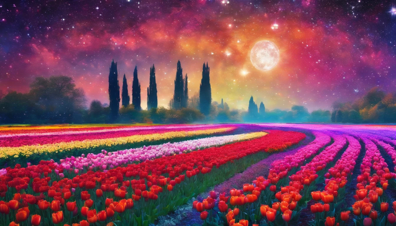 A masterpiece of canvas in the style of Claude Monet,Tulip fields in the Netherlands