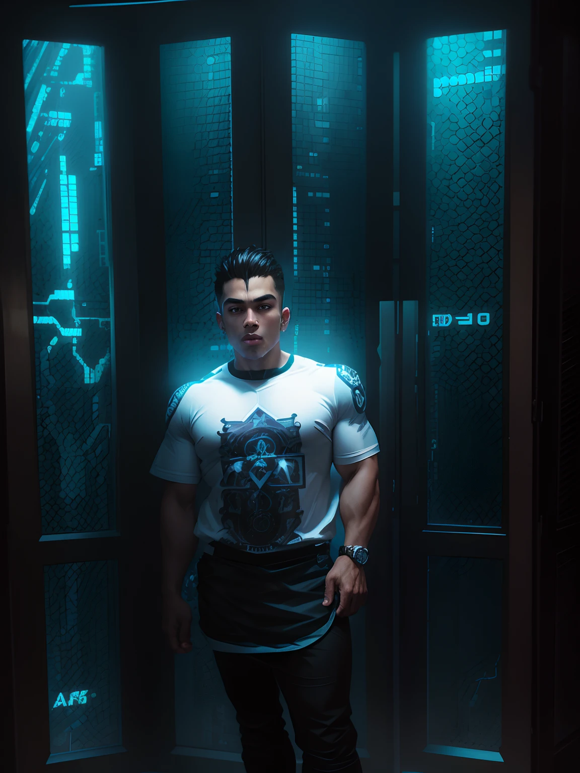 Change backround cyberpunk handsome boy body builder.
