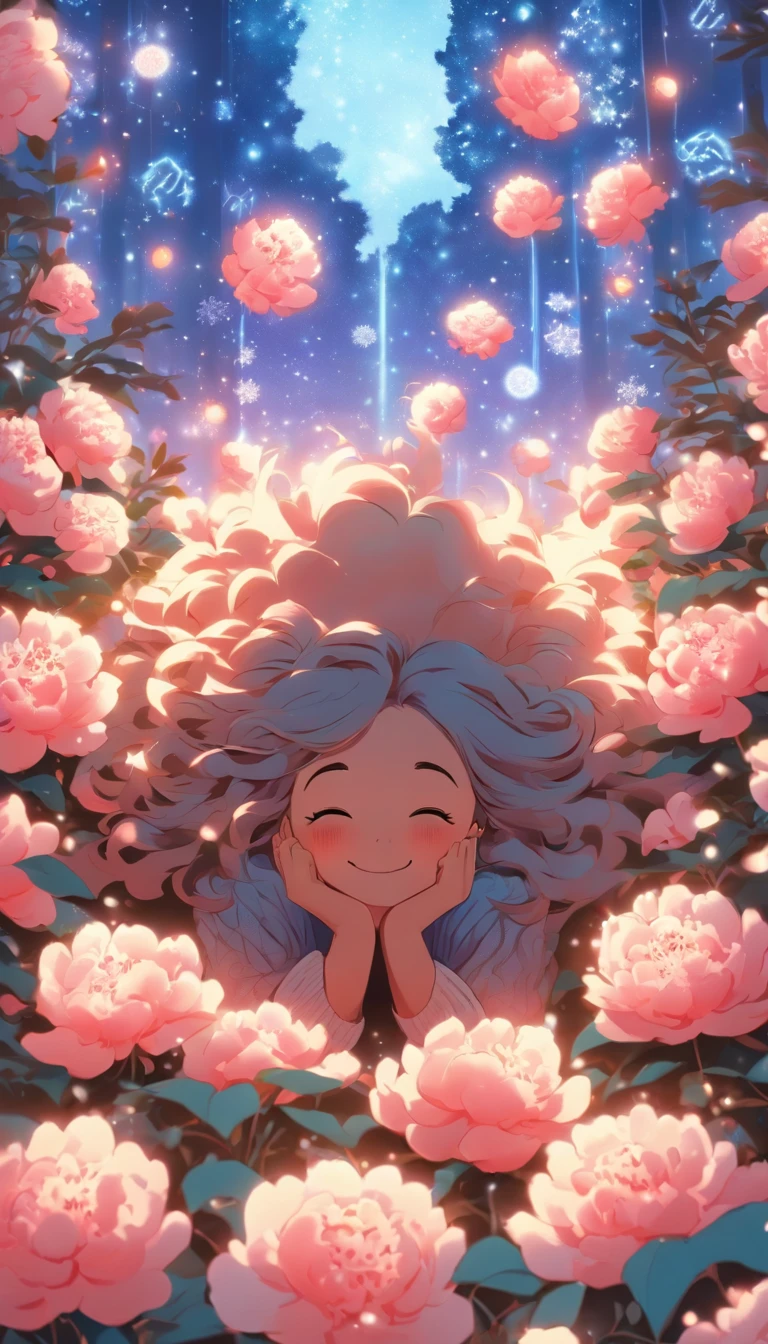 In the Sky Garden, A cute girl lying on her stomach in a huge peony flower，Japanese manga style，Snowflakes flutter in winter，Girl in sweater looking at snowflakes and smiling，Japanese healing system
