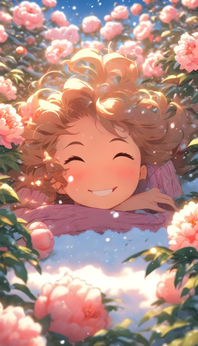 In the Sky Garden, A cute girl lying on her stomach in a huge peony flower，Japanese manga style，Snowflakes flutter in winter，Girl in sweater looking at snowflakes and smiling，Japanese healing system