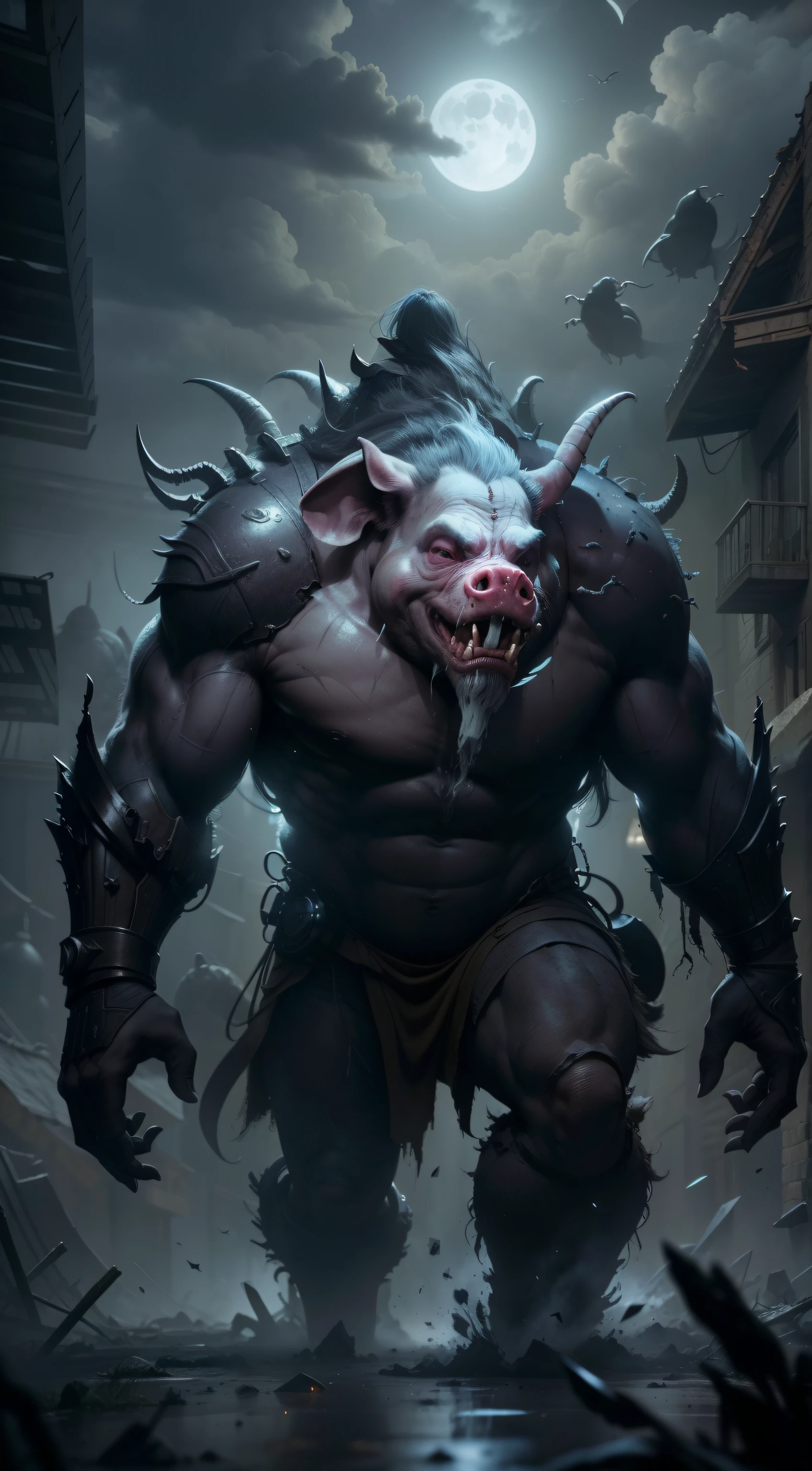 Alien warrior with a pig face,Huge and ugly,Pig-faced aliens come from the unreal world,At the feet of the alien warriors are people fleeing in panic,Standing in a complex of ruined buildings,(The face looks like a pig),(A pair of long fangs sticking out of the mouth),(Very detailed and perfect facial depiction),Wave your hands,The nails are slender and sharp(Carefully optimized hand structure),(It has a pair of large-sized pig ears),(Only a horn grows on the top of the head),Gray space,Very thick clouds,Clear moonlight,Surreal sci-fi scenes,From the bottom point of view(light and shadow effect),(Depth of field effect),(Tyndall),(Light particle tracing),(CG),(Horror lighting visuals),(Volumetriclighting),(Unreal 5),(cinema4d),(vivd colour),(Obvious layers),(Photography Award),(8k wallpaper),(Masterpiece),(best qualtiy), One picture,photorealestic,realisticlying