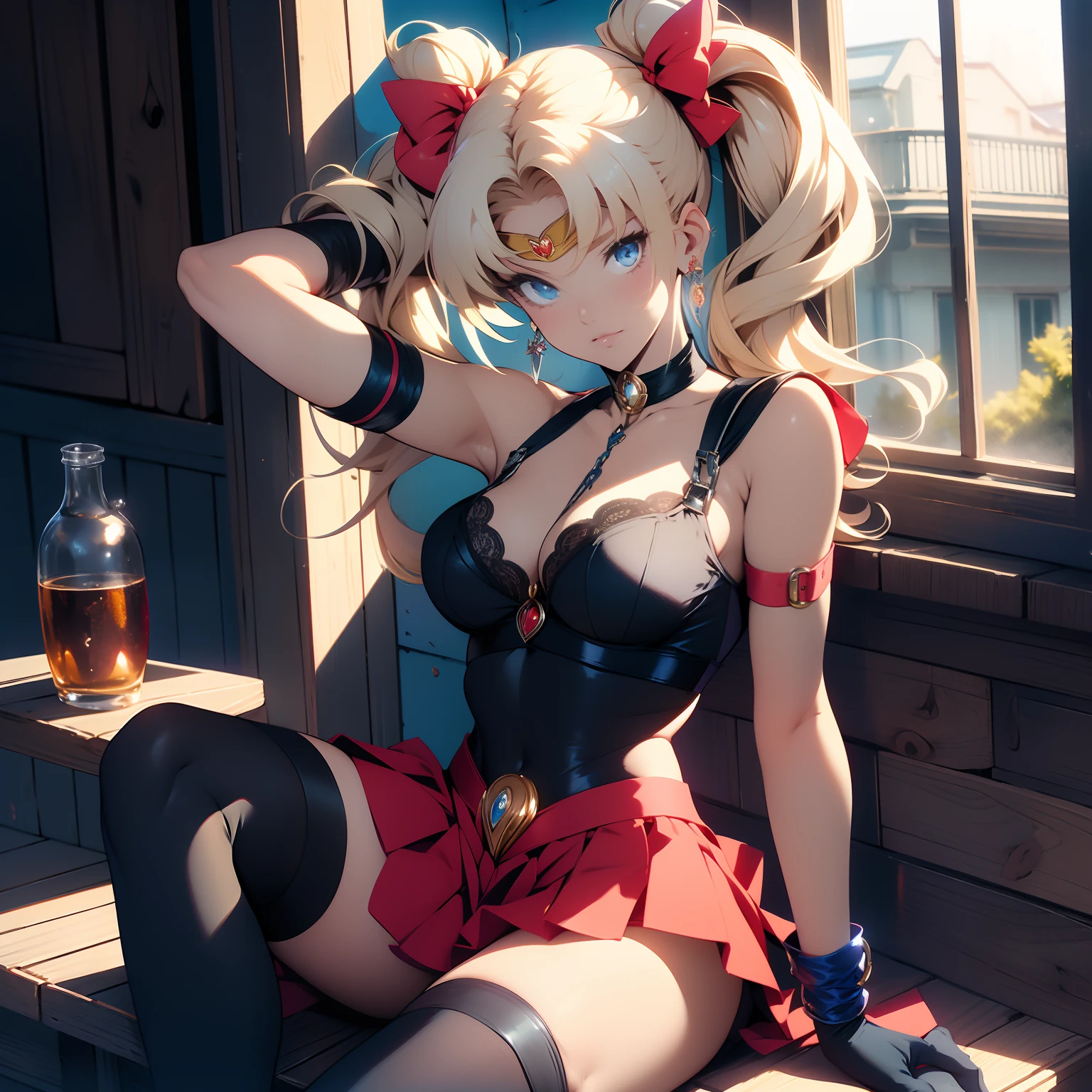 (masterpiece, best quality ) (sailor moon) aausagi, blonde, ywllow hair, hands chained to the ceilling, lifting arms above head, double bun, twintails, parted bangs, circlet, jewelry, earrings, choker, red bow, white gloves, elbow gloves, blue skirt style, red bow, blue eyes, short black hair, sitting on a window sill with a black bra and cuffs, wrapped in leather straps, leather cuffs around wrists, restrained, harnesses and garters, handcuffed, handcuffs, dominant pose, sexy dominant pose,