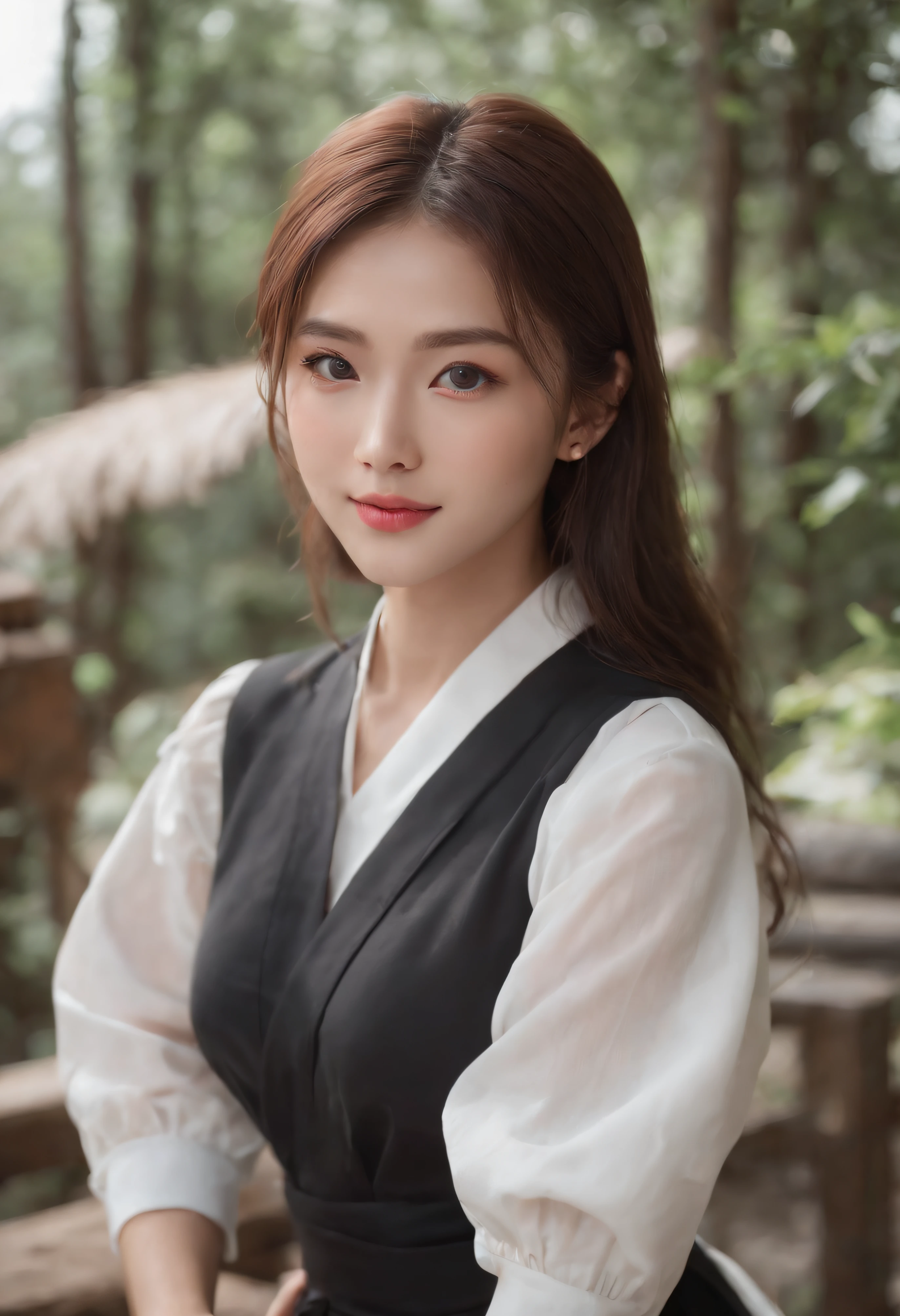 1 Japan girls, Cowbo of Sylve Dark watching viewers、Cleanly tanned skin,、 grin, tusk, Spoken Heart, elf, long eyebrows, (White shirt, Black skirt), Athletic, Volumetric lighting, Best Quality, masutepiece, Convoluted, Volumetric lighting, Cinematic, 8K, Cinematic lighting, masutepiece, Perfect, Intricate details, tonemapping, Realistic