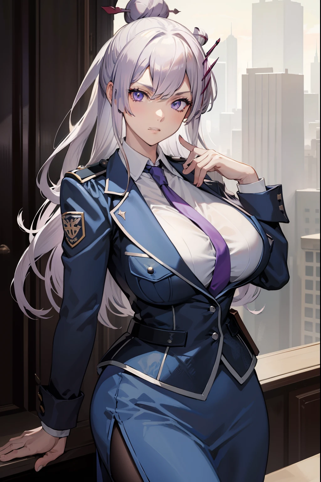 (huge tits), frolaytiacapistrano, frolaytia capistrano, long hair, bangs, hair ornament, (purple eyes:1.3), white hair, hair bun, single hair bun,
BREAK shirt, jacket, white shirt, pantyhose, necktie, collared shirt, belt, uniform, blue skirt, black pantyhose, military, formal, blue jacket, red necktie, pencil skirt, pocket, hair stick, ,
BREAK looking at viewer,
BREAK outdoors, city,
BREAK (masterpiece:1.2), best quality, high resolution, unity 8k wallpaper, (illustration:0.8), (beautiful detailed eyes:1.6), extremely detailed face, perfect lighting, extremely detailed CG, (perfect hands, perfect anatomy),