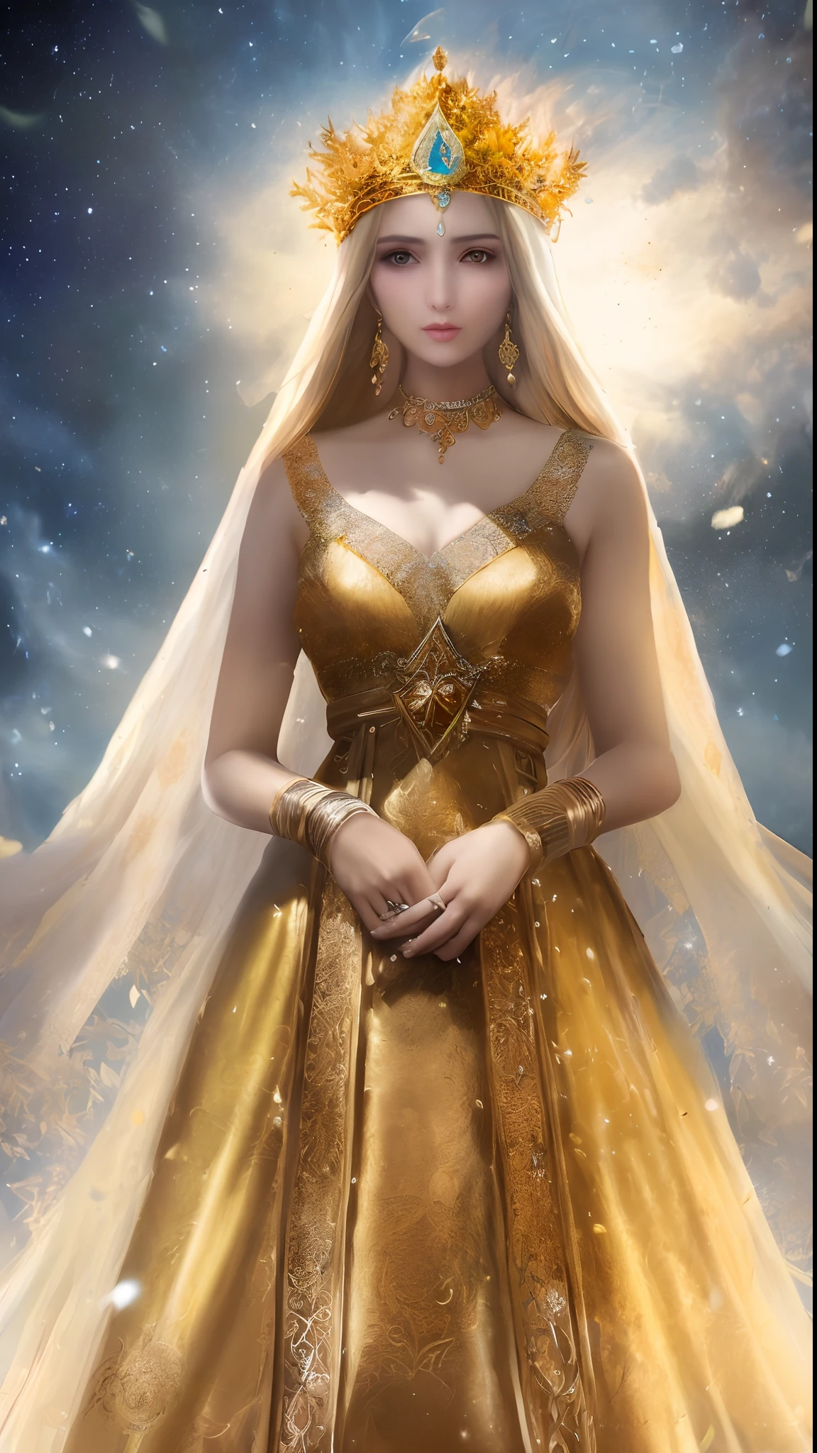 Soft and dreamy 8mm lens portrait of an Arabic dev brama of a universe adorned with a natural crown of gold and leaves and masses, ethereal dress. Soft snow sky. Using 8K High Definition. Art styles Greg Rutkowski , Android Jones , Tamsyn. Intricate dynamic lighting, elegant and highly detailed ultra-realistic, cinematic and octane rendering